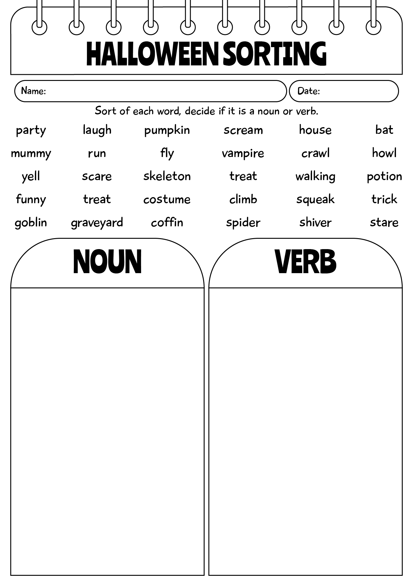 Halloween Nouns And Verbs Sorting Worksheet