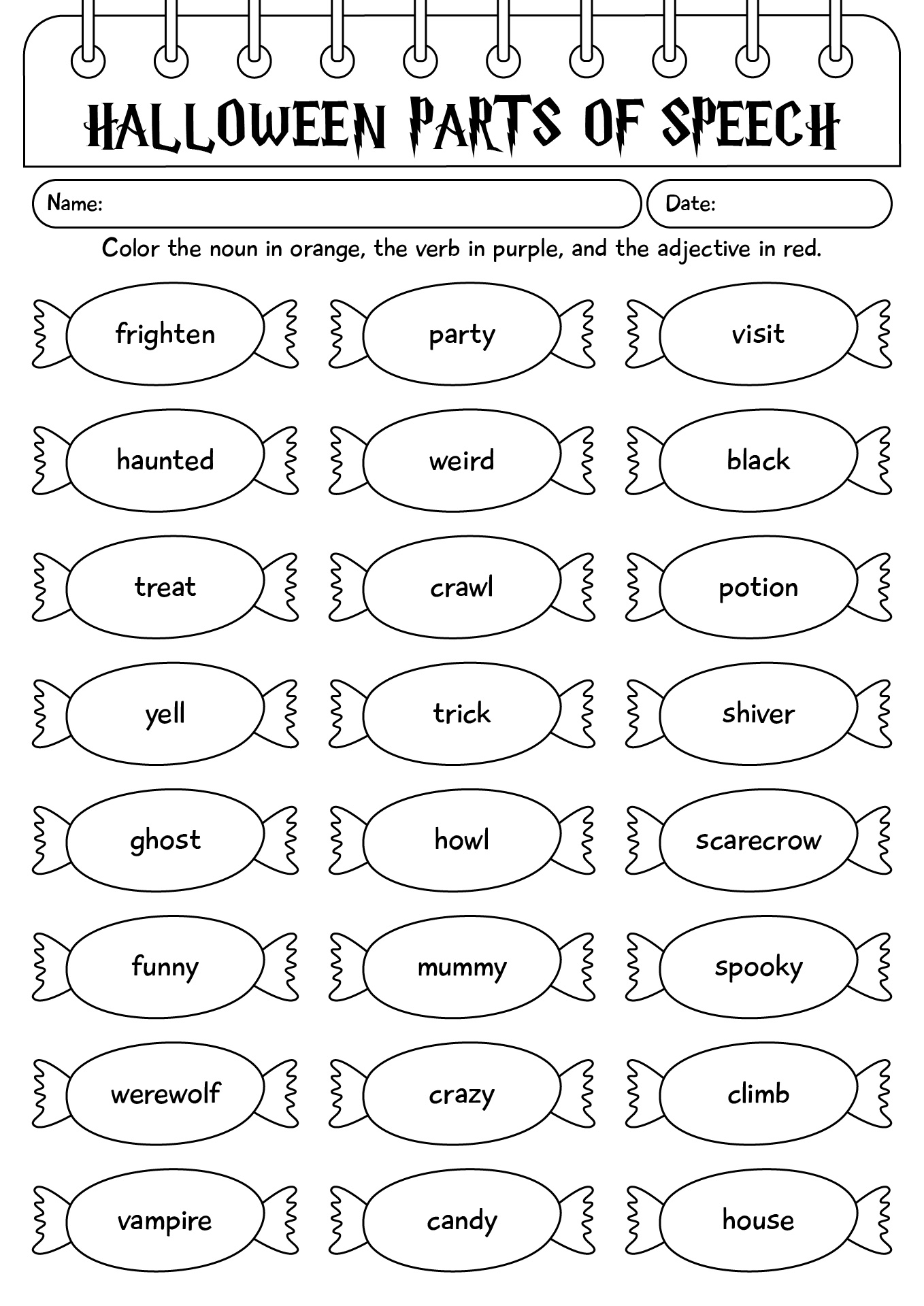 Halloween Parts Of Speech Worksheet