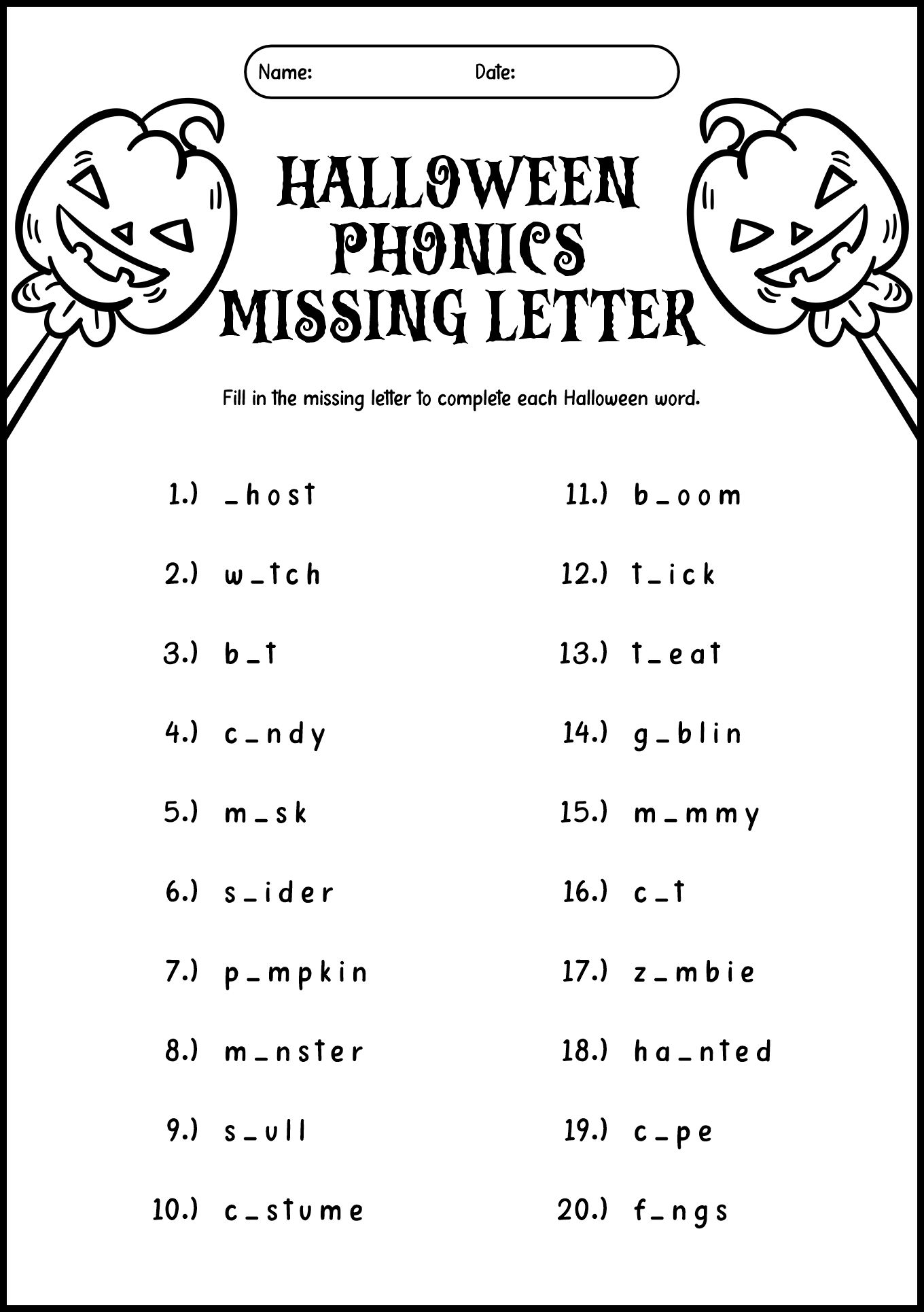 Halloween Phonics Missing Letter for Second Graders