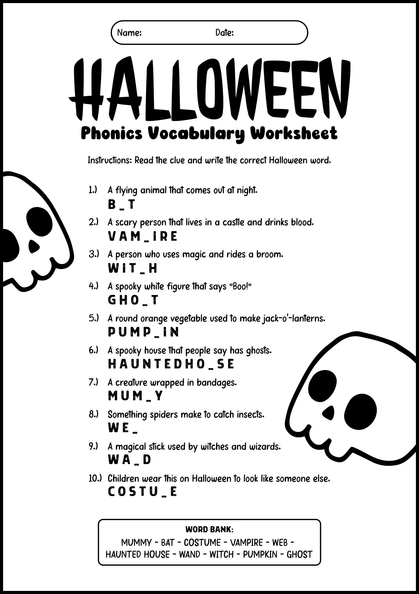 Halloween Phonics Vocabulary Worksheet for Grade 2
