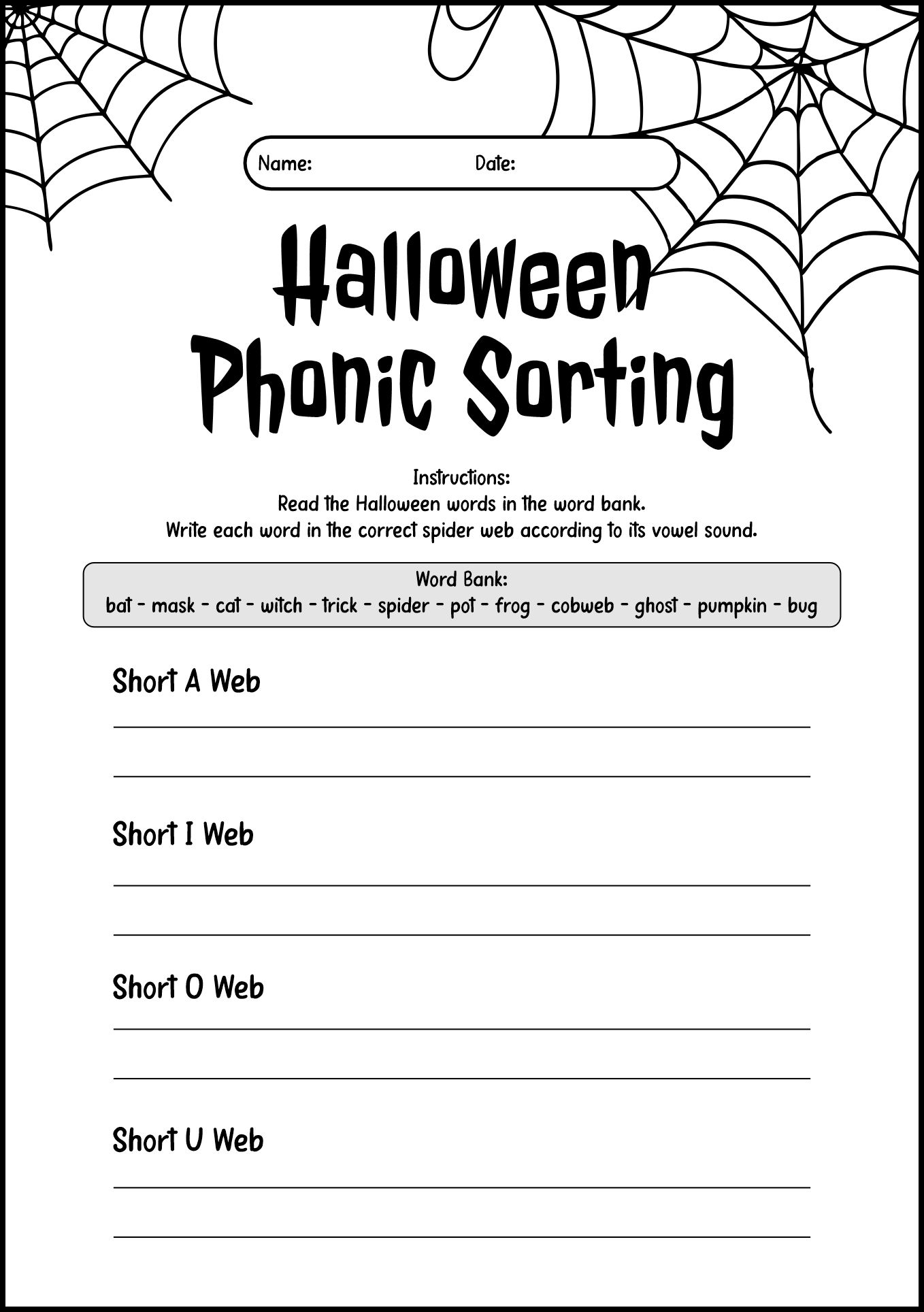 Halloween Phonics Word Sorting Worksheet for 2nd Grade