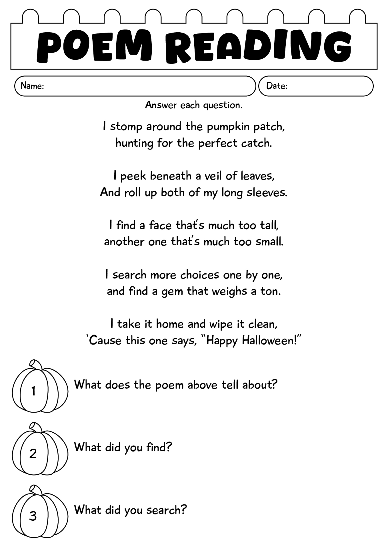 Halloween Poem Reading Worksheet For Kindergarten