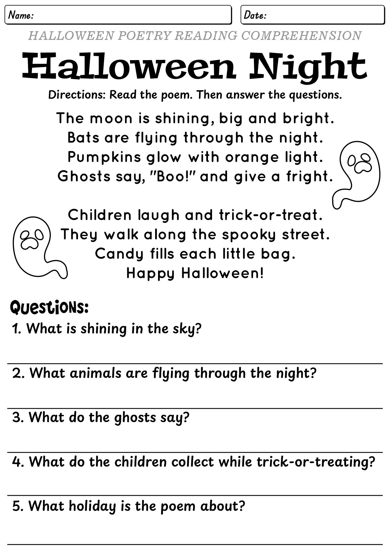 Halloween Poetry Reading Worksheets for Middle School