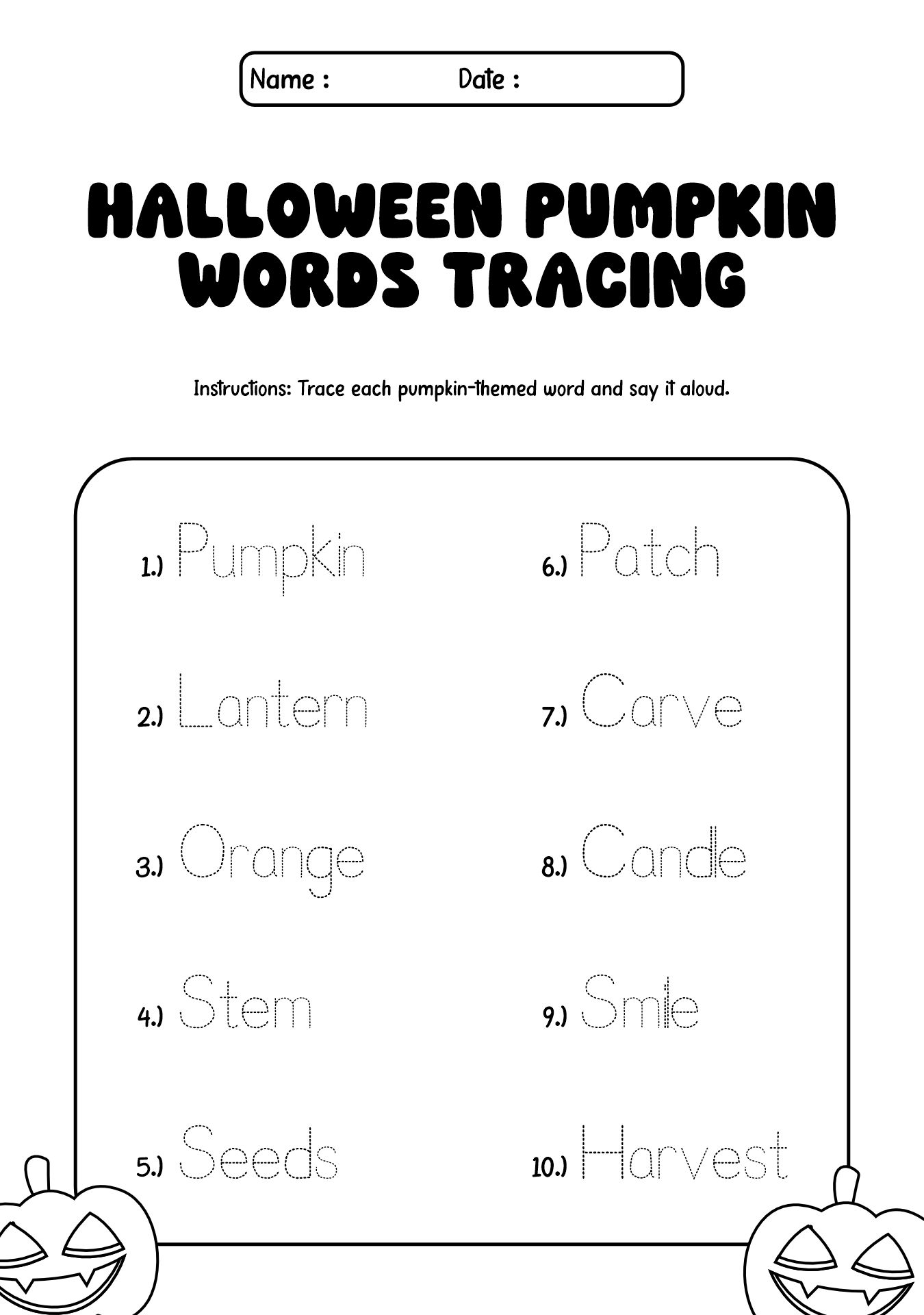 Halloween Pumpkin Words Tracing Worksheet