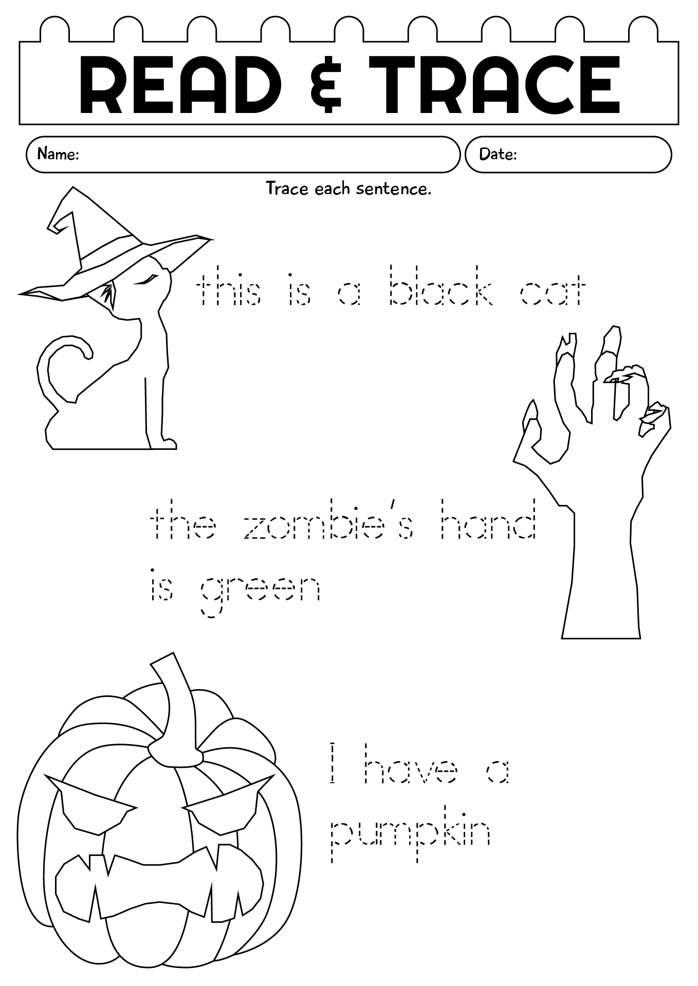 Halloween Read And Trace Worksheet