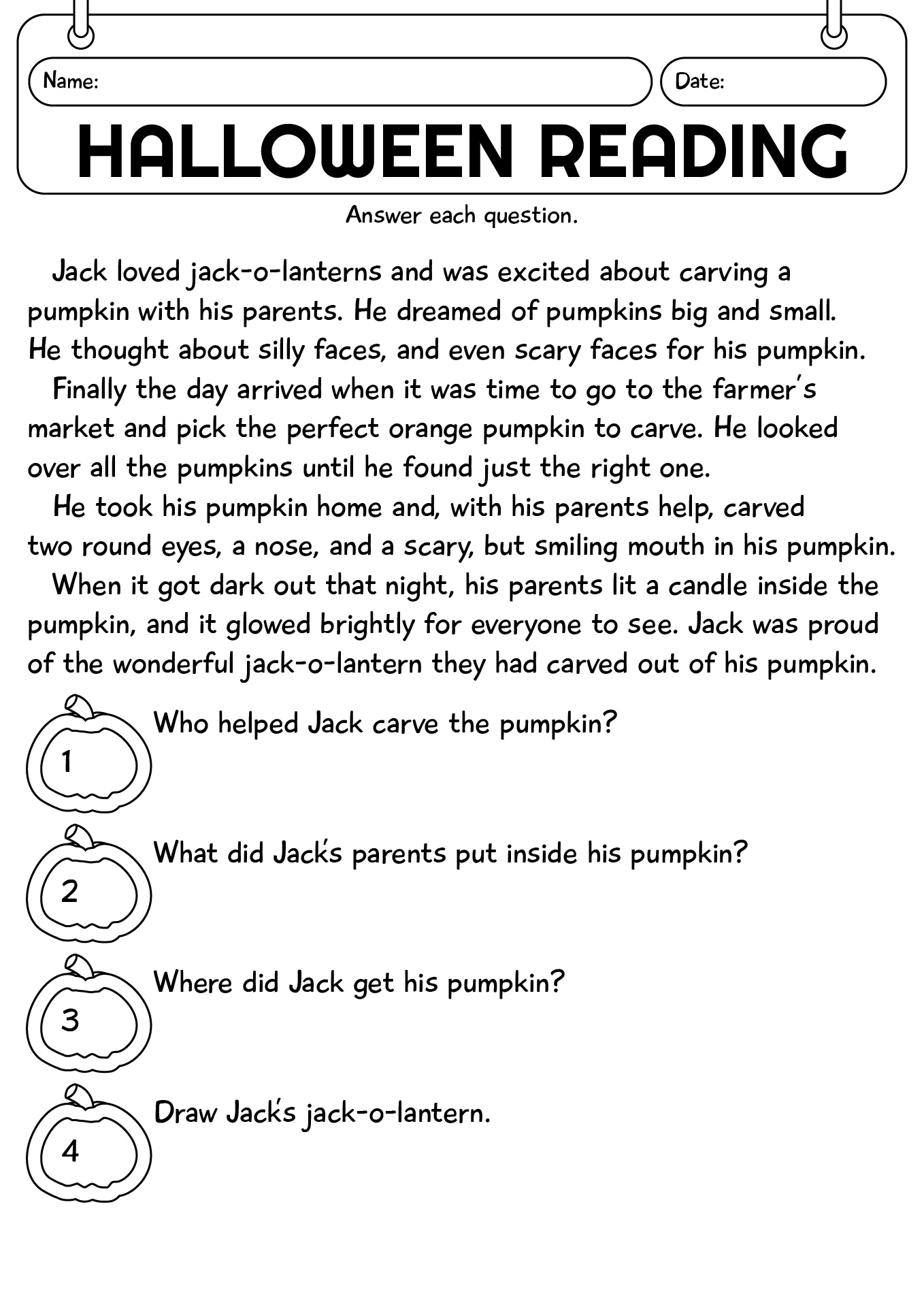Halloween Reading Comprehension Worksheet
