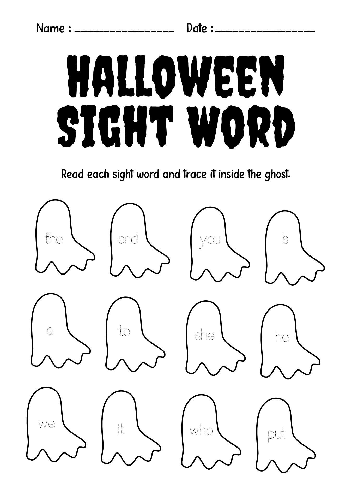 Halloween Sight Words Kindergarten Worksheet
