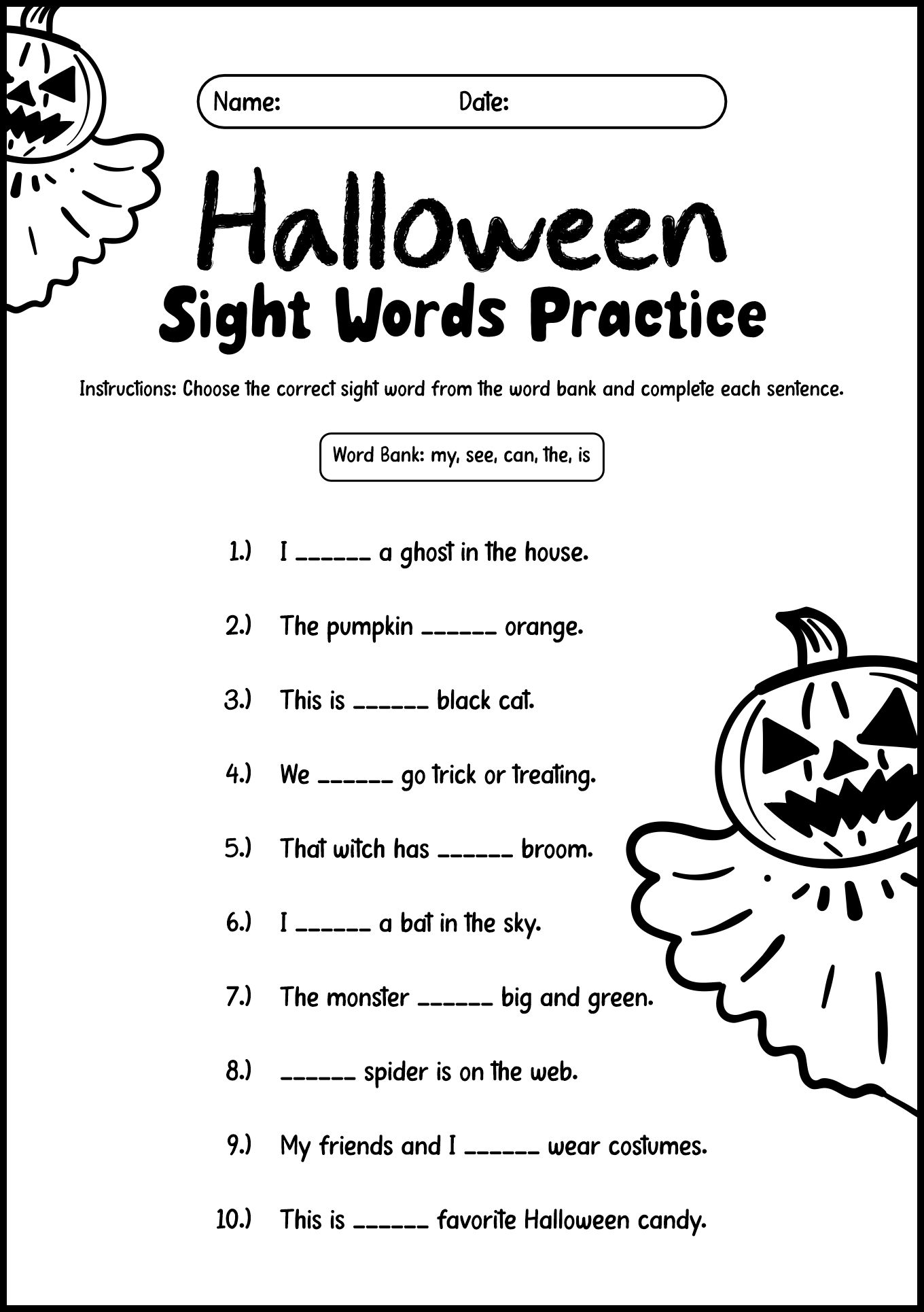 Halloween Sight Words Practice Worksheets Grade 1