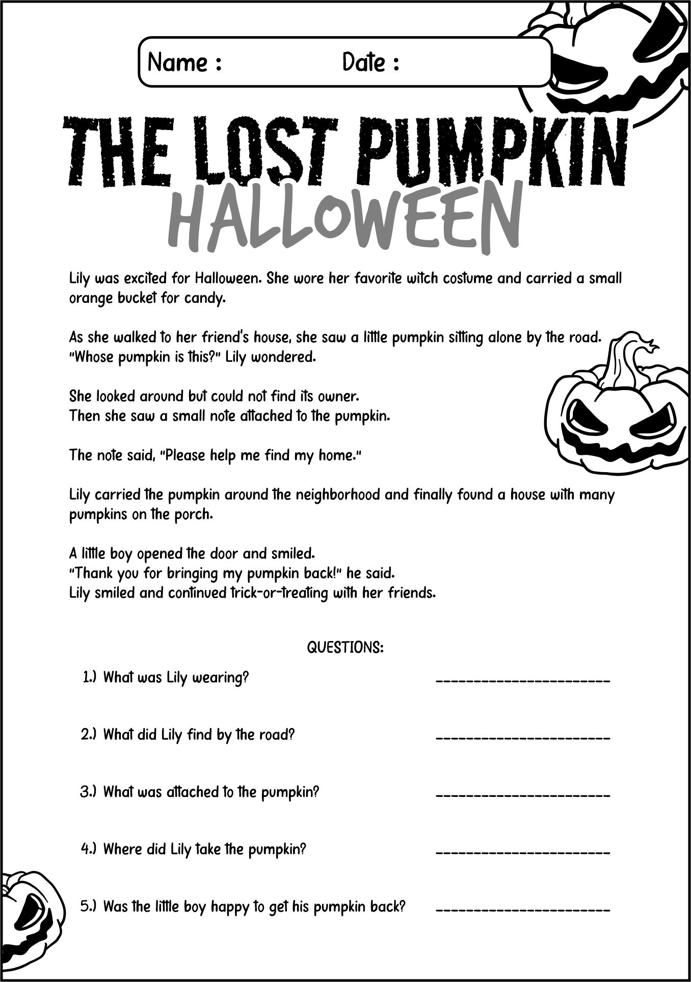 Halloween Story Worksheets for Kids