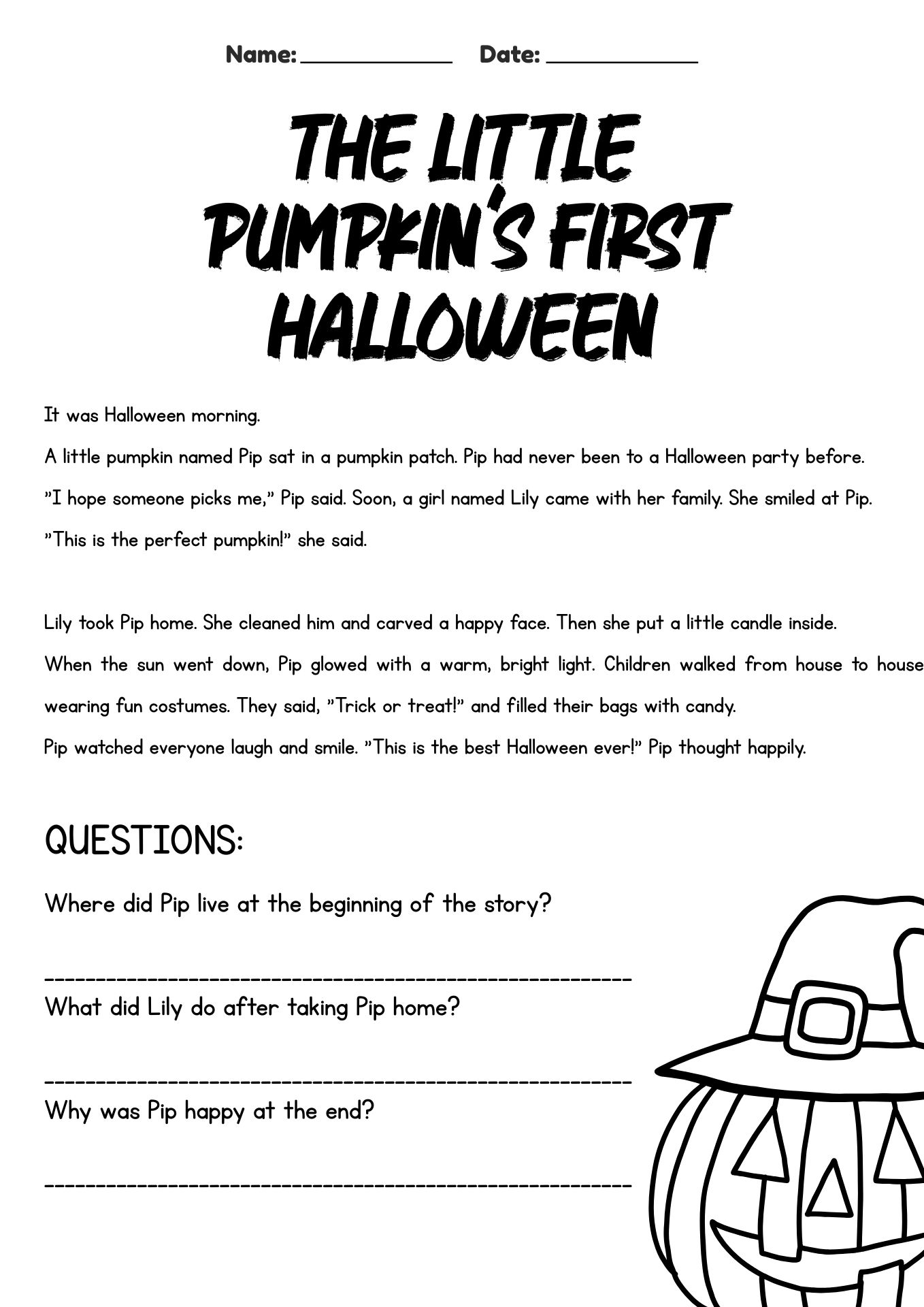 Halloween Story Worksheets for Young Learners