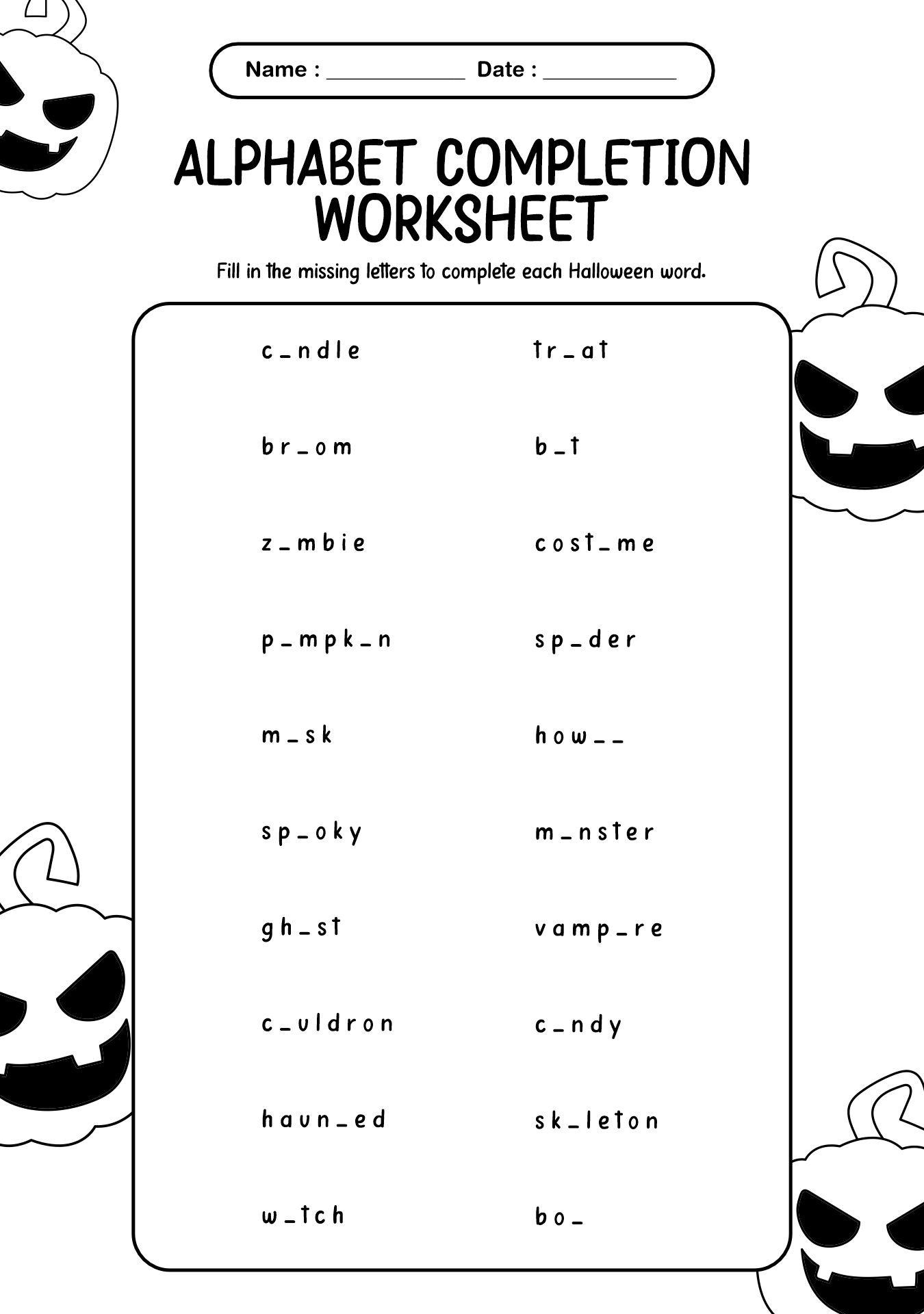 Halloween Themed Alphabet Completion Worksheet