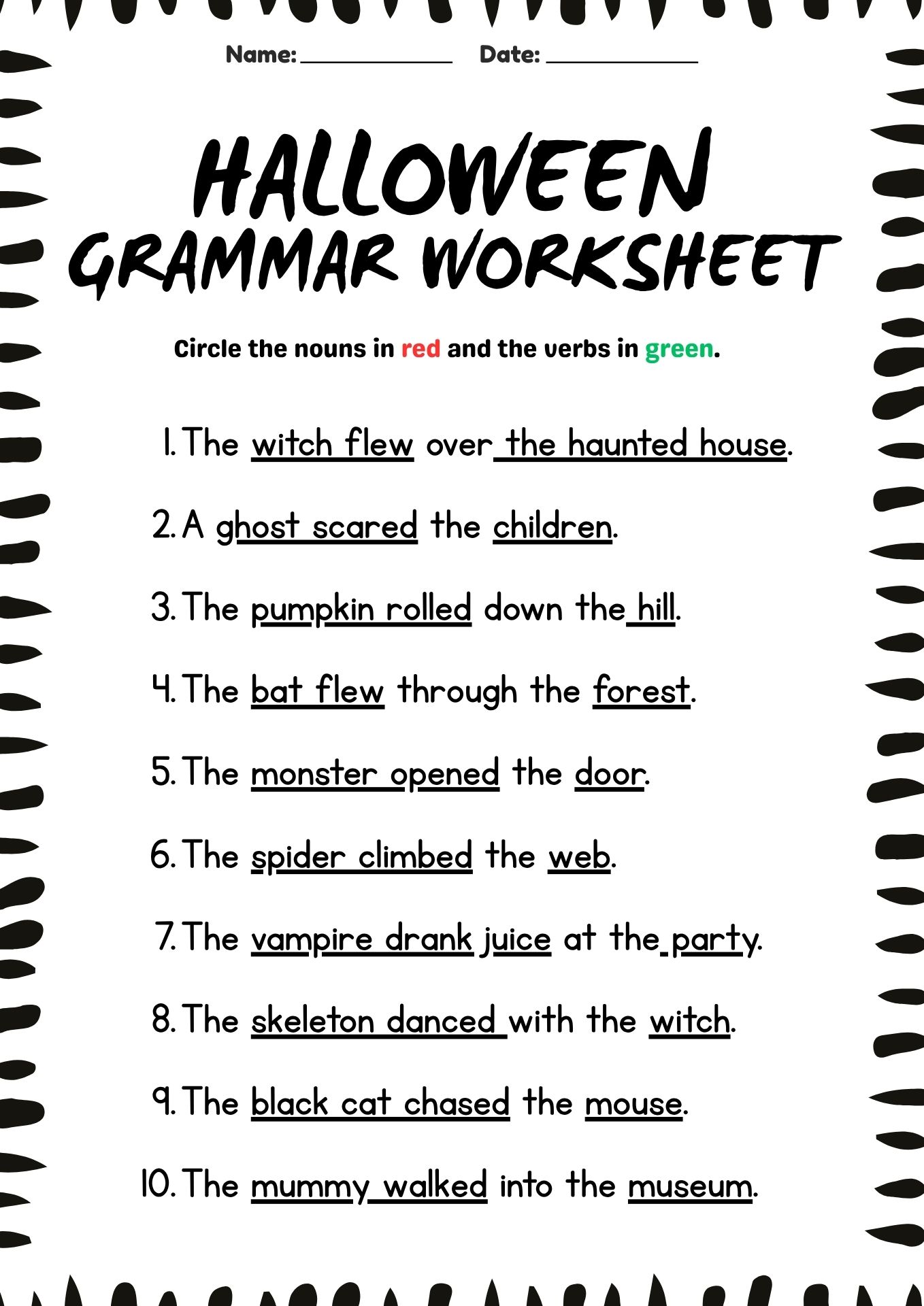 Halloween Themed Grammar Worksheets for 3rd Grade