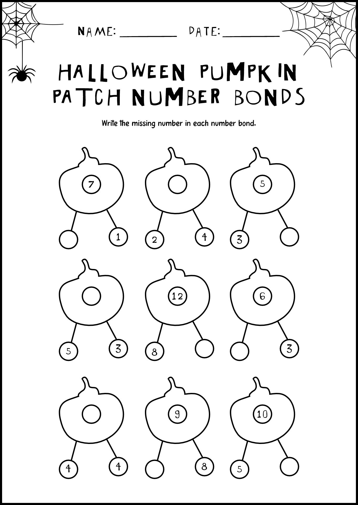 Halloween-Themed Number Bonds Worksheets Grade 1