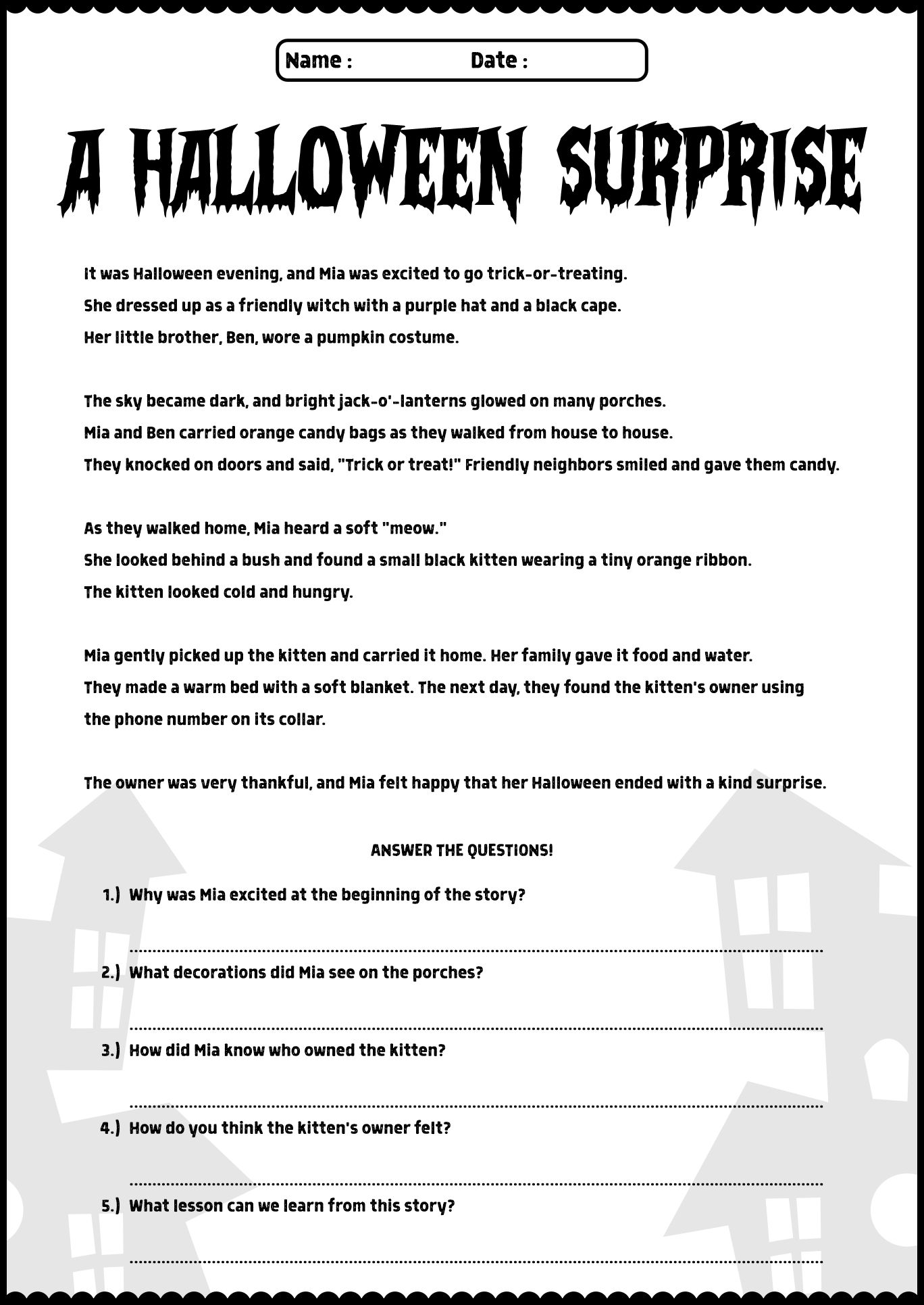 Halloween Themed Reading Comprehension Sheets
