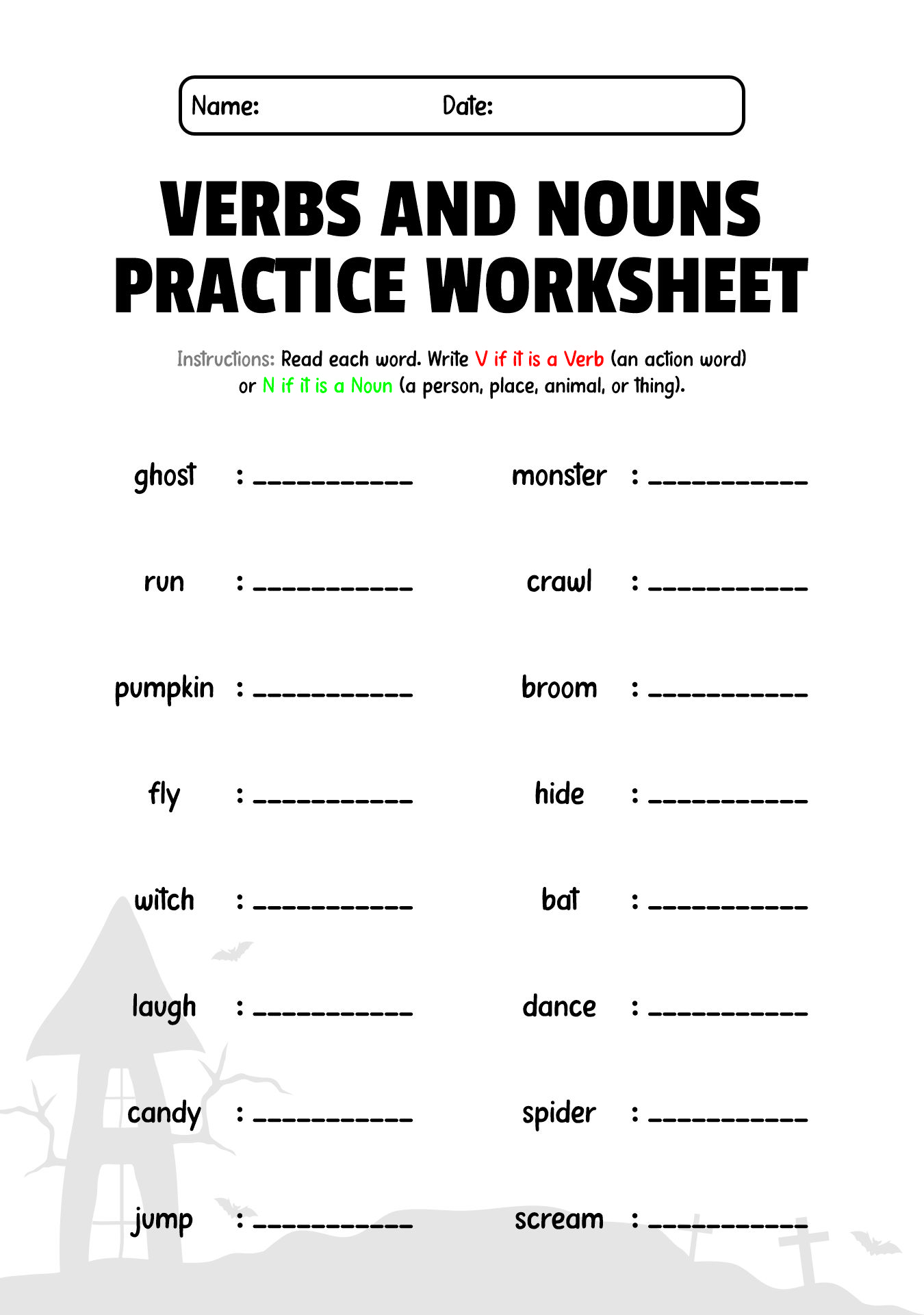 Halloween Themed Verbs and Nouns Practice Worksheet
