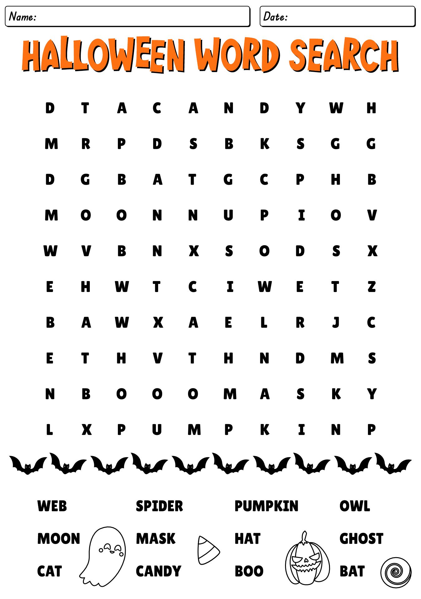Halloween Themed Word Search 2nd Grade