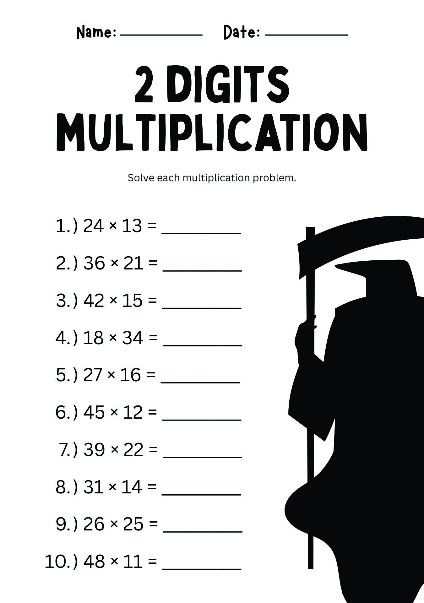 Halloween Two-Digit Multiplication Worksheet