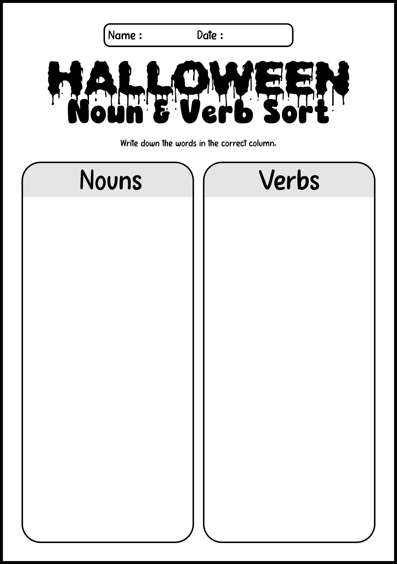 Halloween Verb and Noun Worksheet