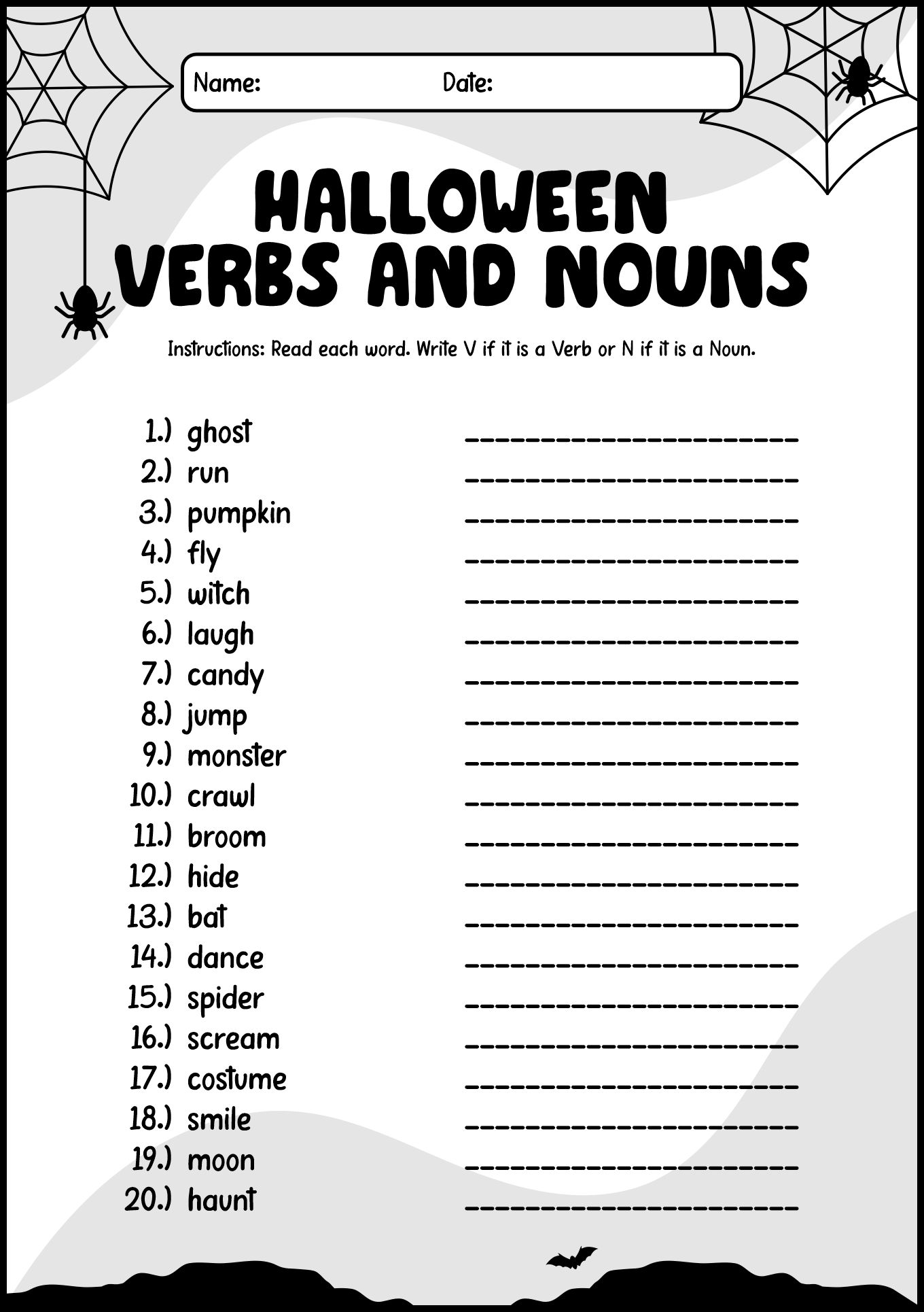 Halloween Verbs and Nouns Classroom Worksheet