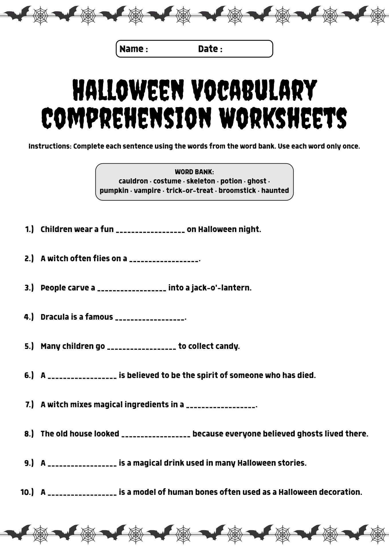 Halloween Vocabulary Comprehension Worksheets