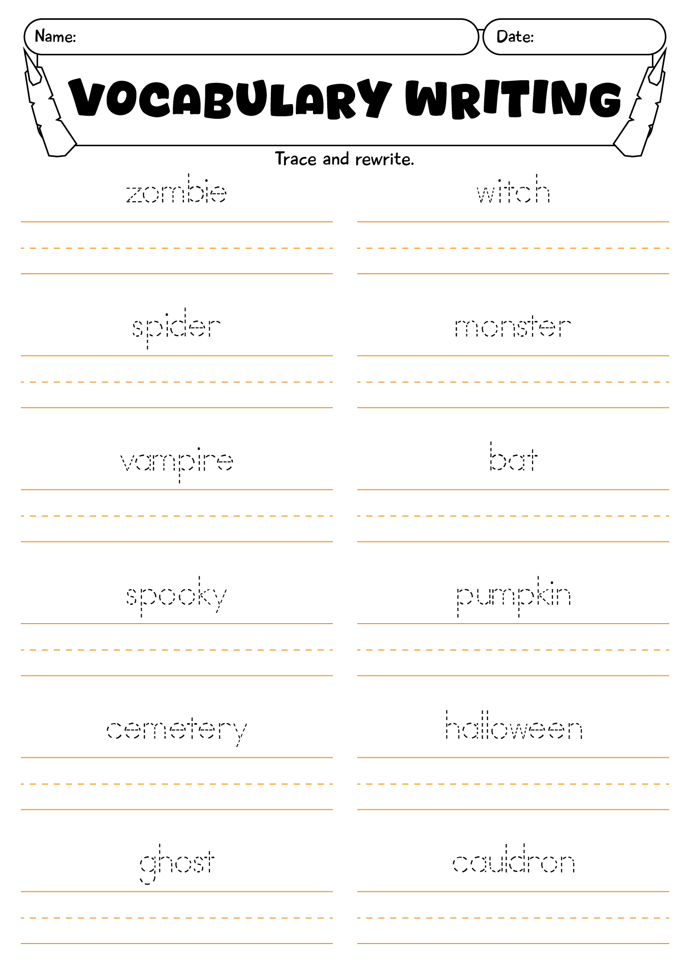 Halloween Vocabulary Handwriting Practice Worksheet