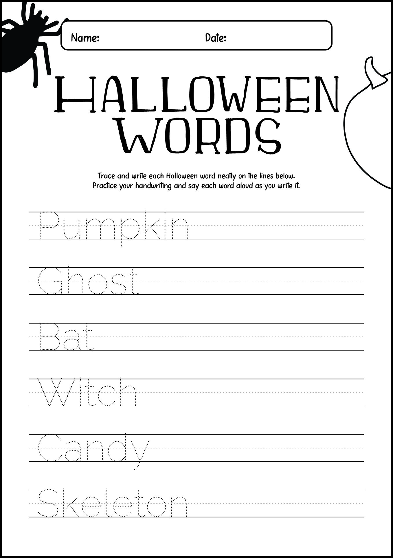 Halloween Vocabulary Handwriting Worksheets