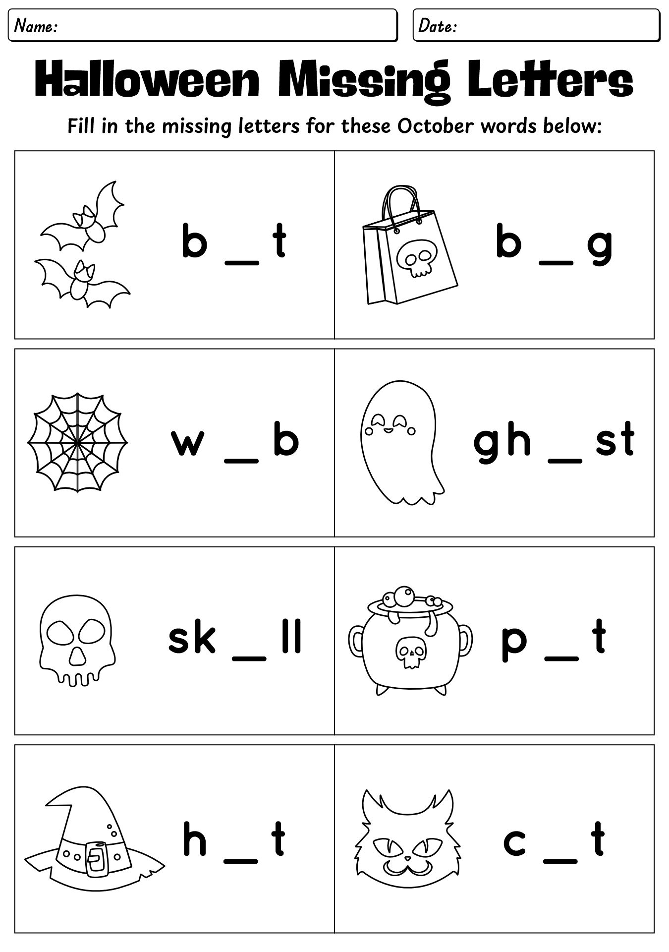 Halloween Vocabulary Missing Letters Worksheet