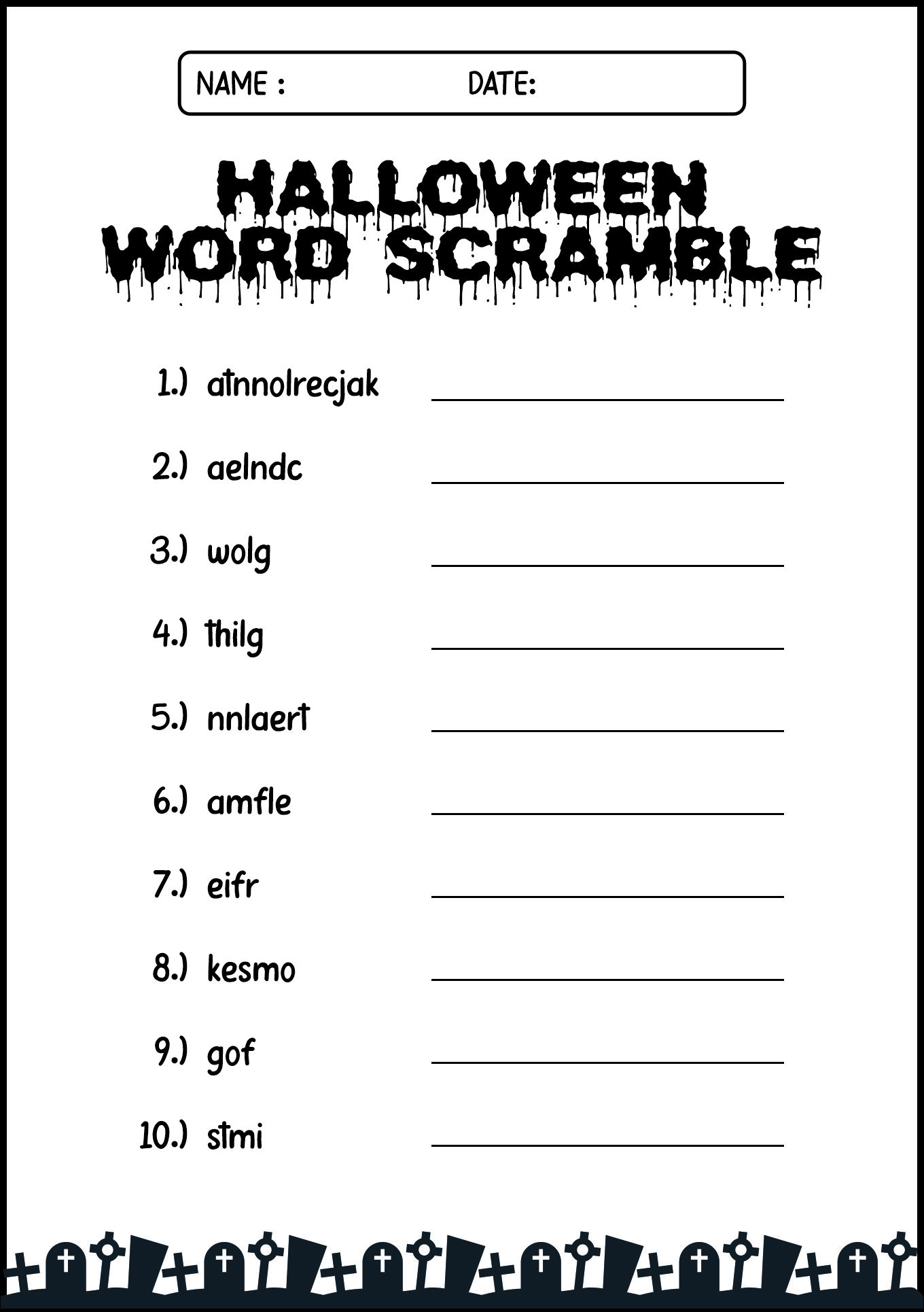 Halloween Vocabulary Word Scramble Worksheet