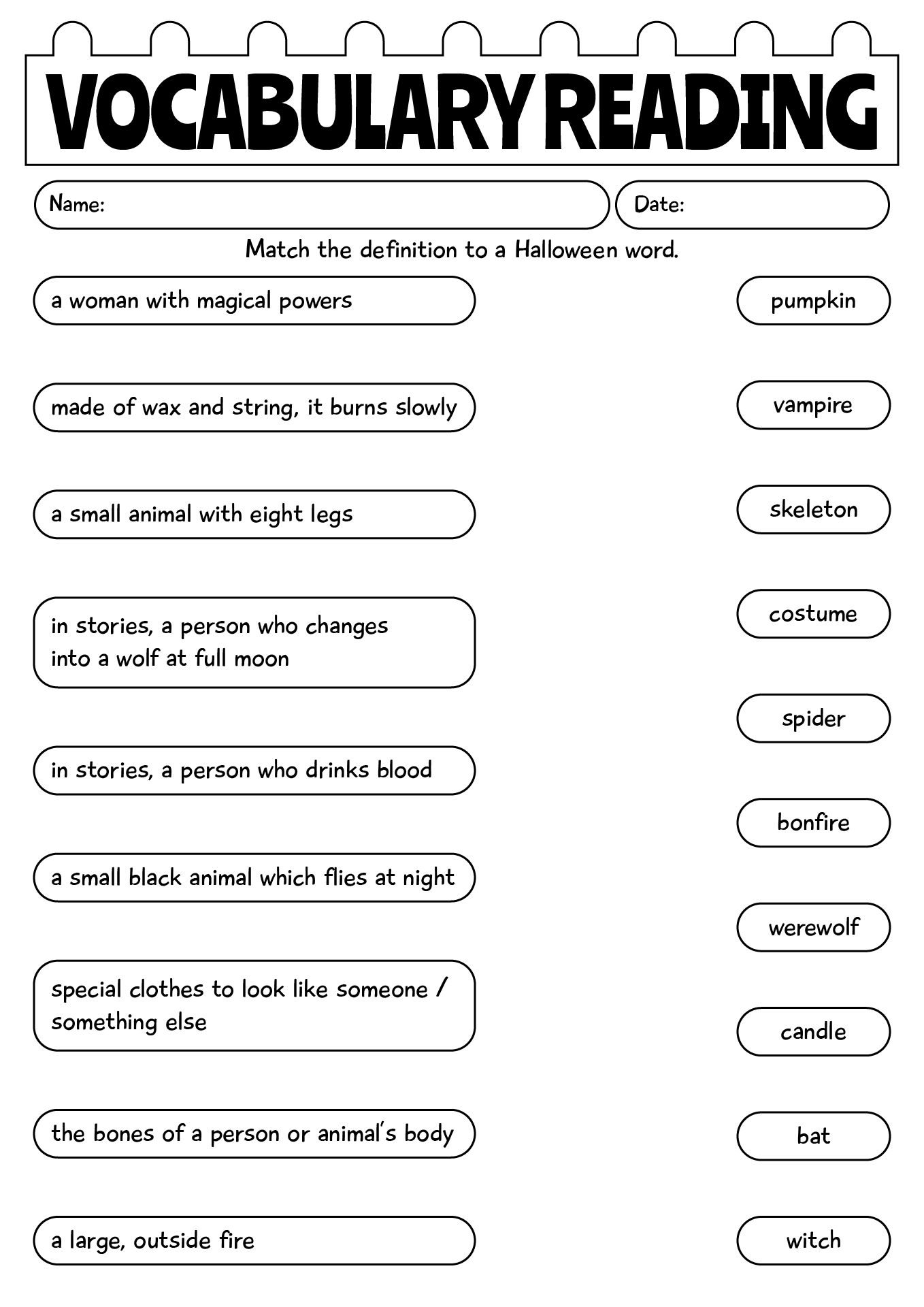Halloween Vocabulay Reading Worksheet