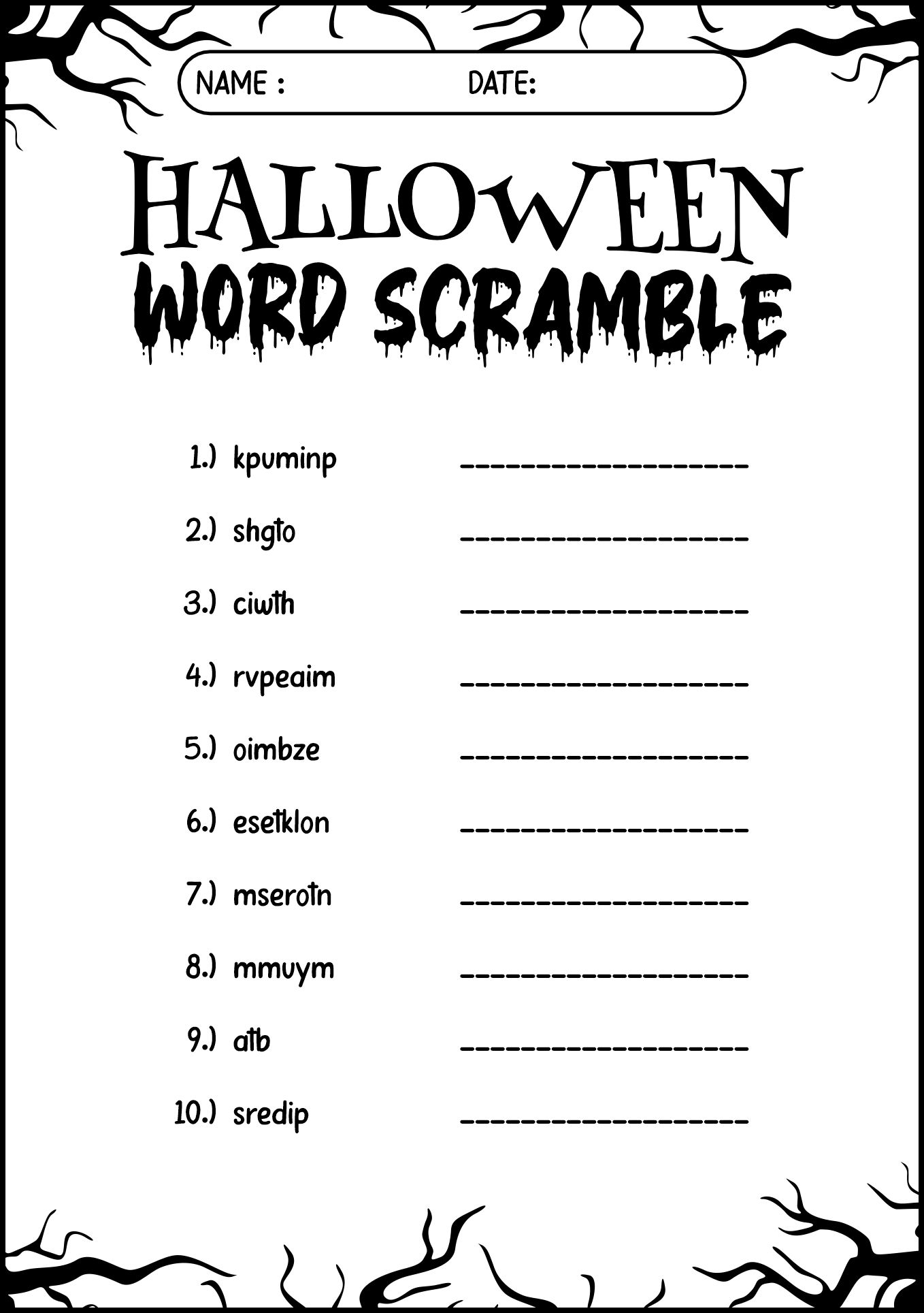 Halloween Word Scramble Activity Sheet