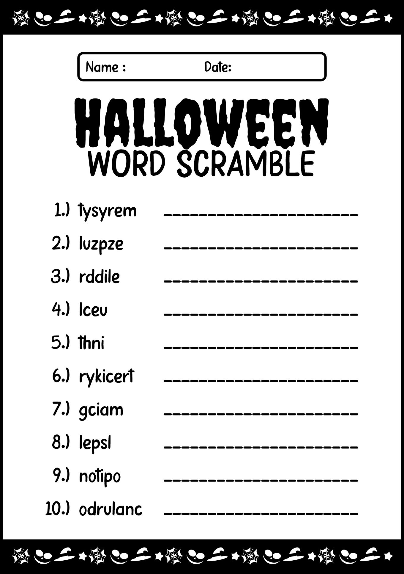 Halloween Word Scramble Activity Worksheet