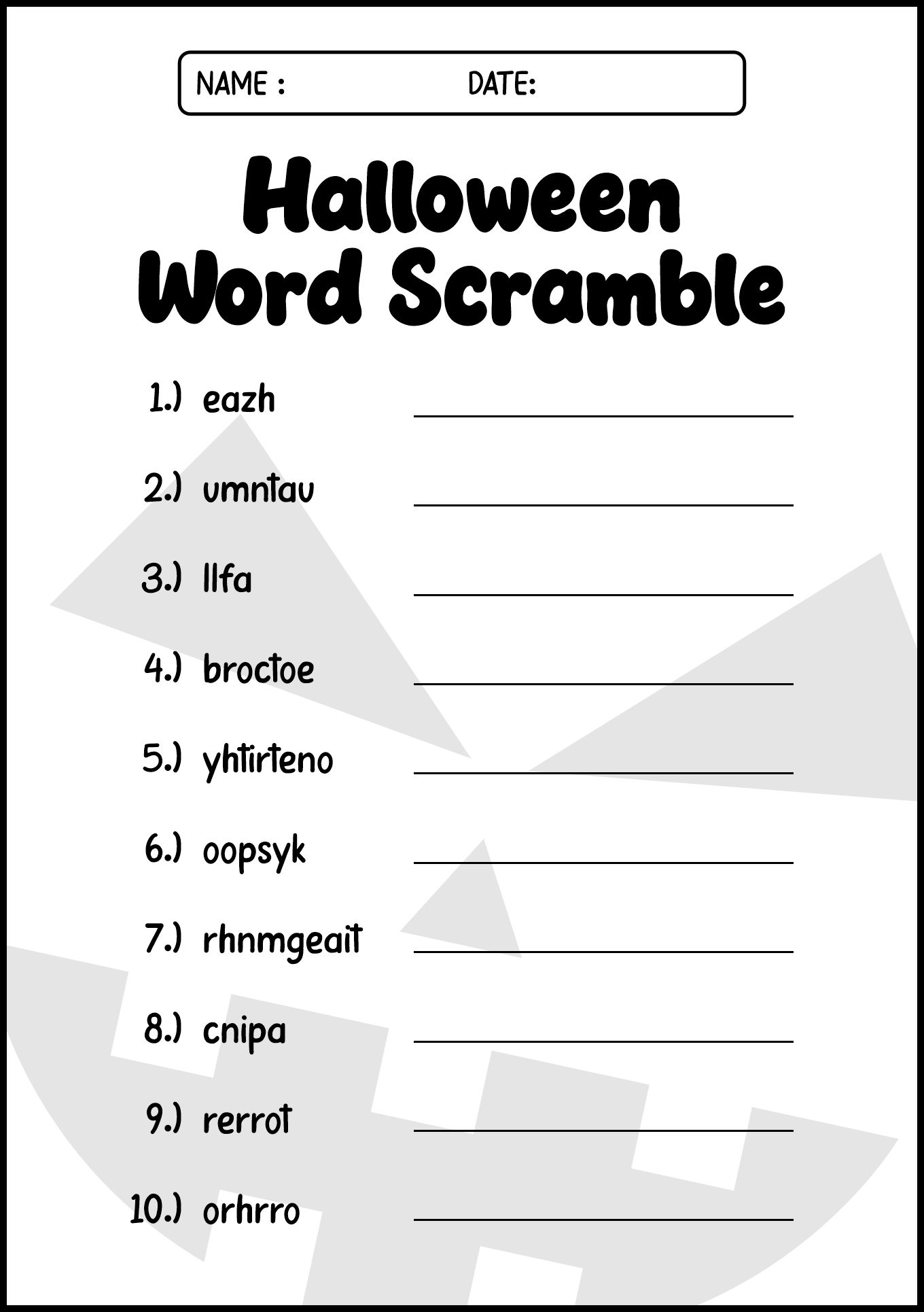 Halloween Word Scramble Educational Sheet