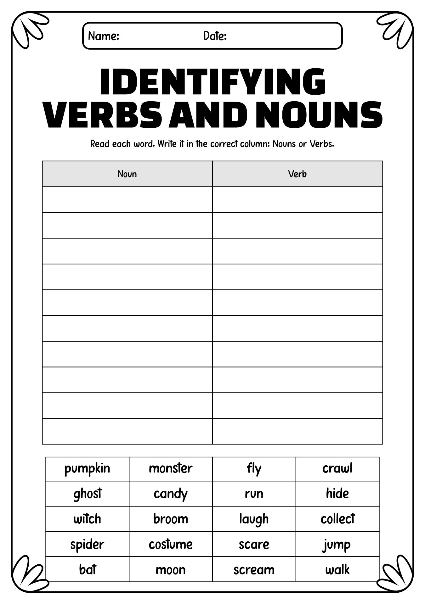 Halloween Worksheet Identifying Verbs and Nouns