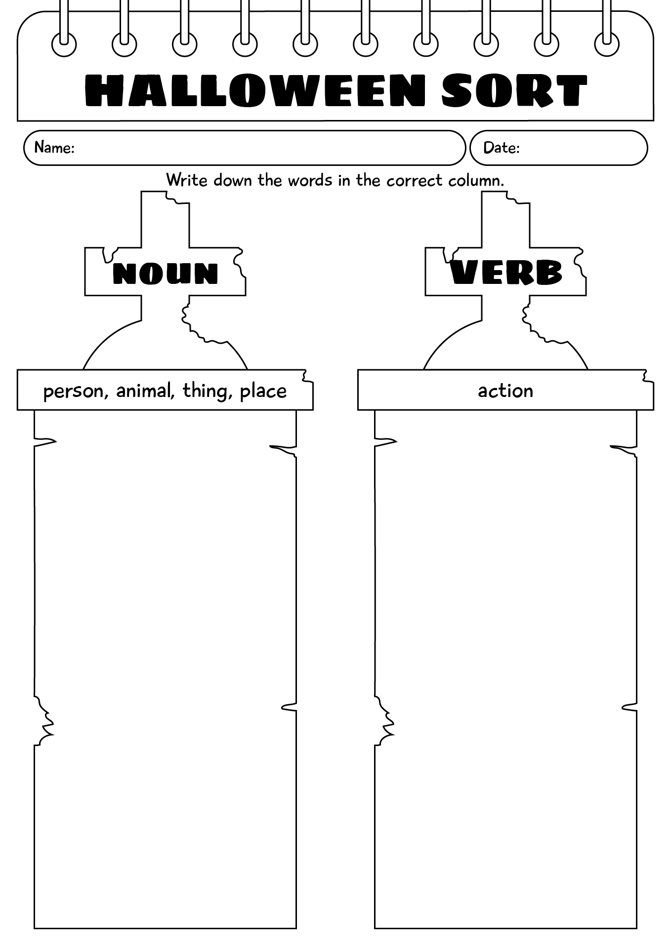 Halloween Worksheet Noun And Verb Sort
