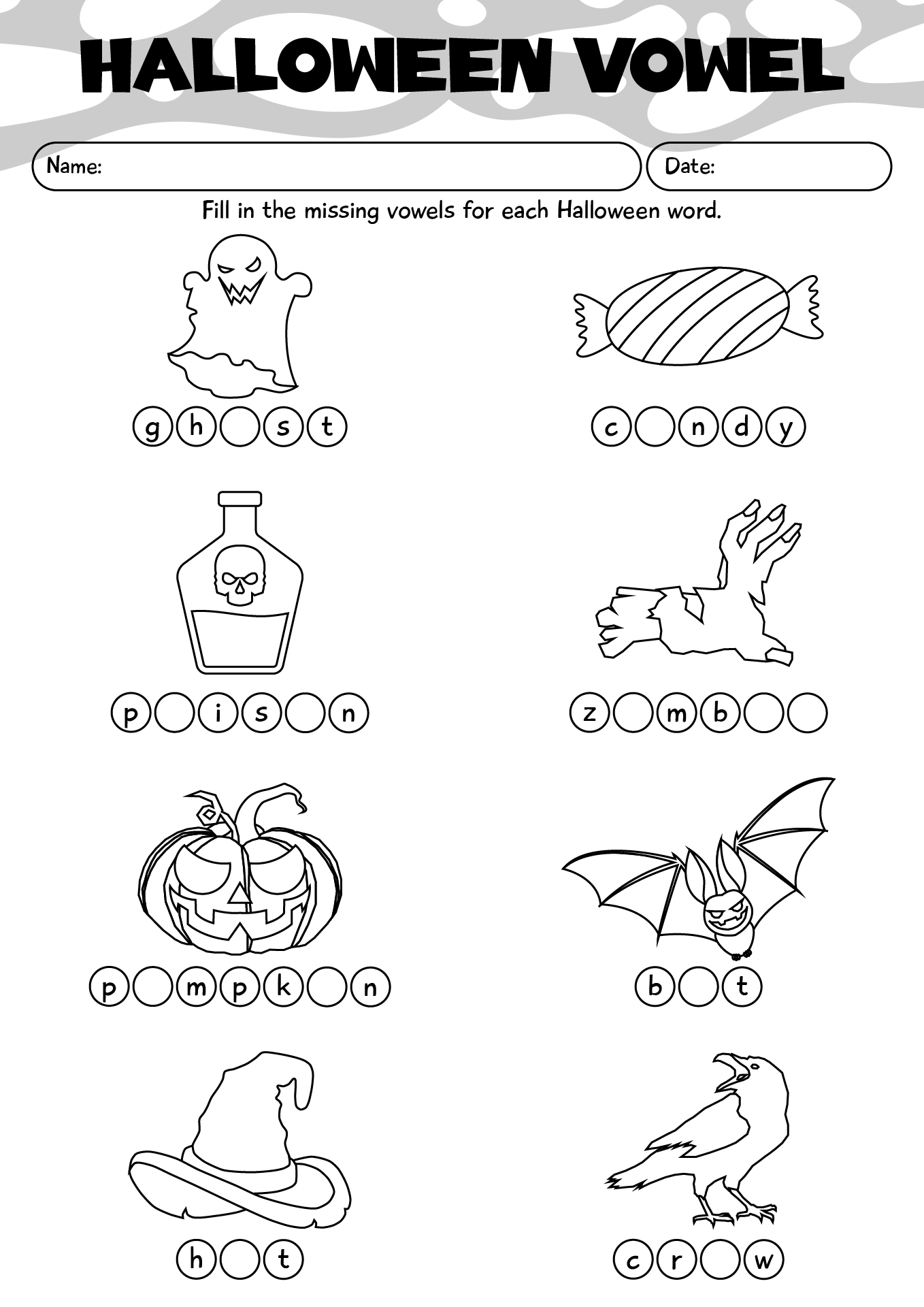 Halloween Worksheets Missing Vowels