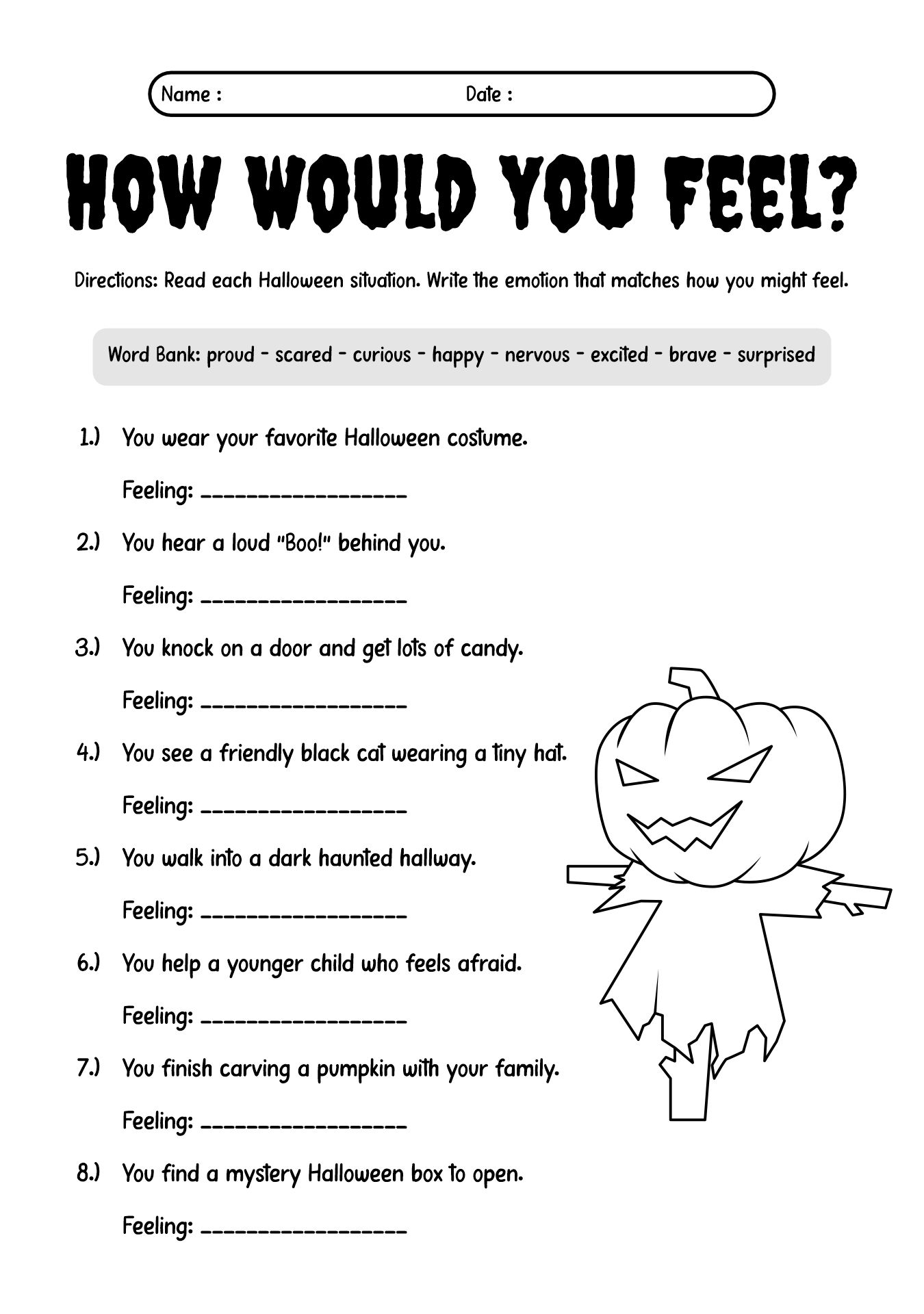 Kids Halloween Emotions Exploration Sheet
