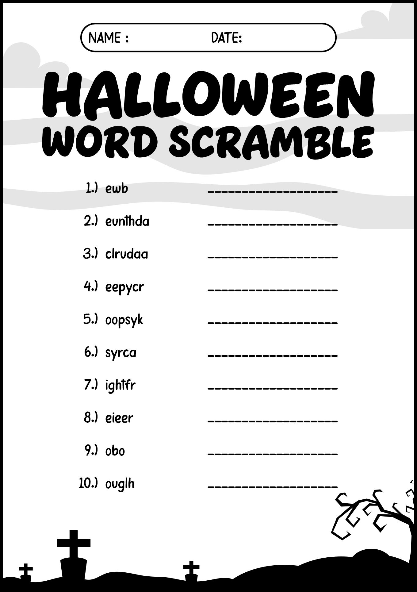 Kids Halloween Word Scramble Game