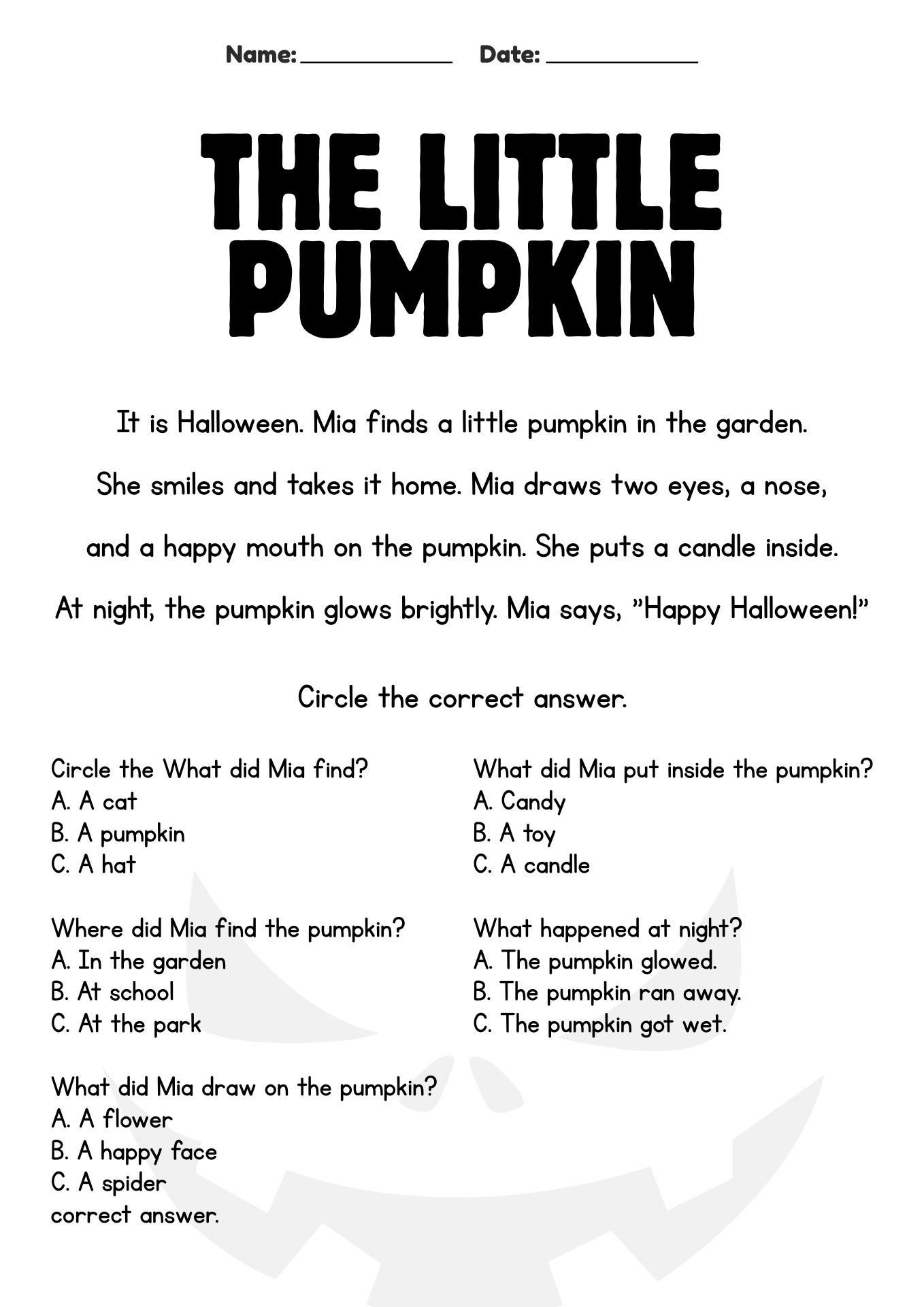 Kindergarten Halloween Story and Questions Worksheet