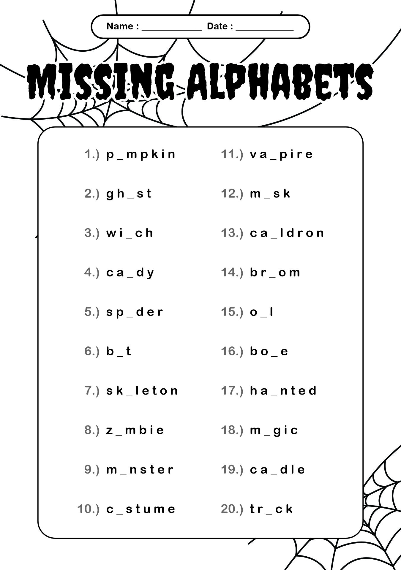 Missing Alphabets Halloween Exercise