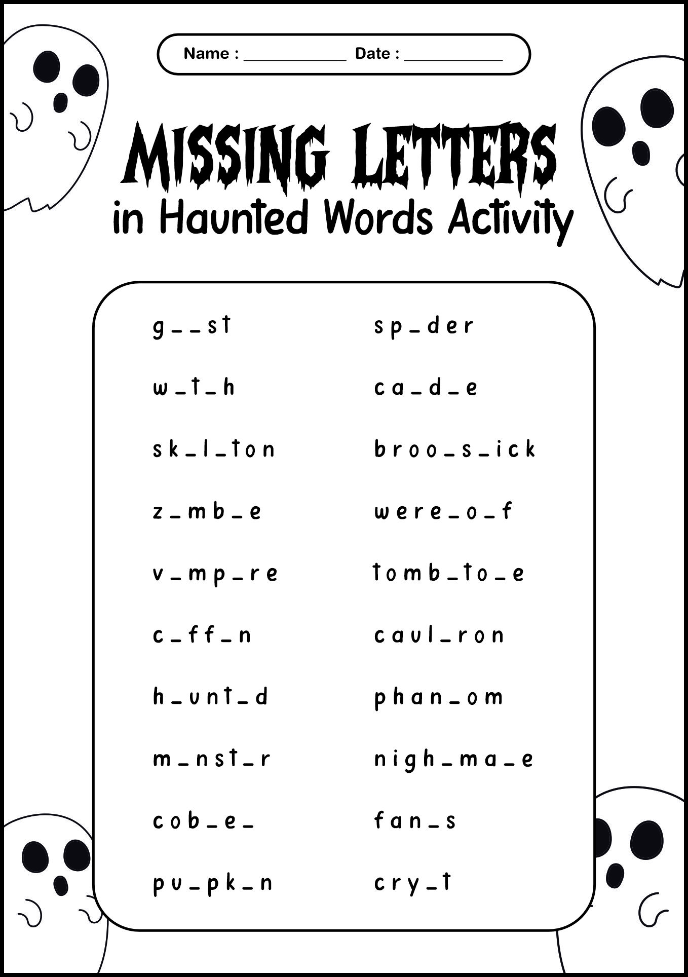 Missing Letters in Haunted Words Activity