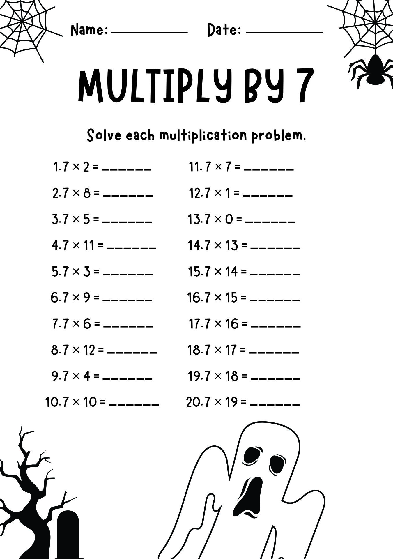 Multiplying by 7 for Halloween Worksheet
