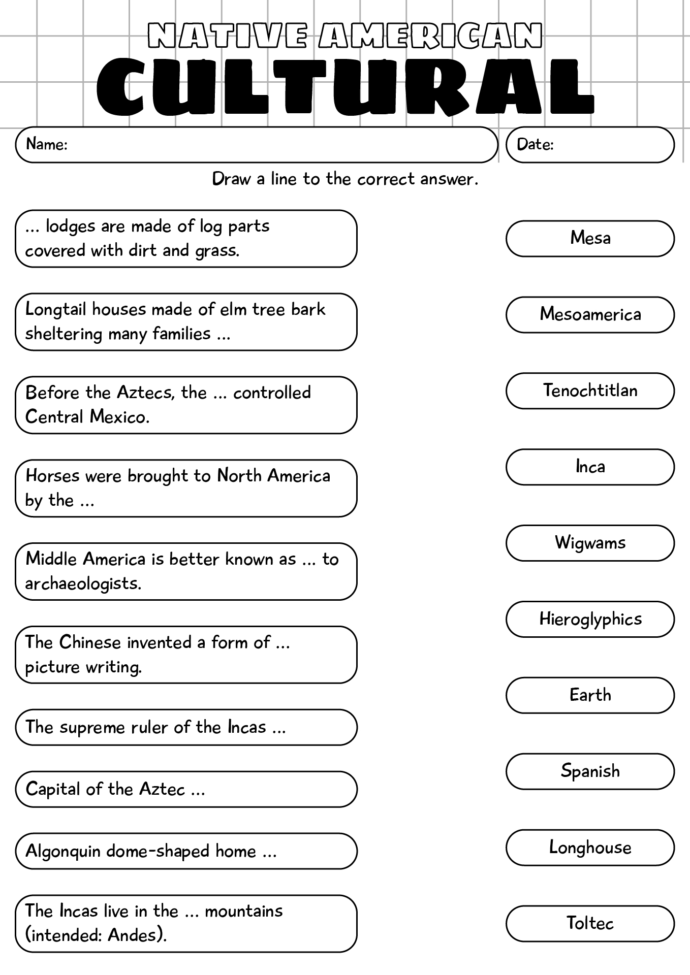 Native American Cultural Worksheet