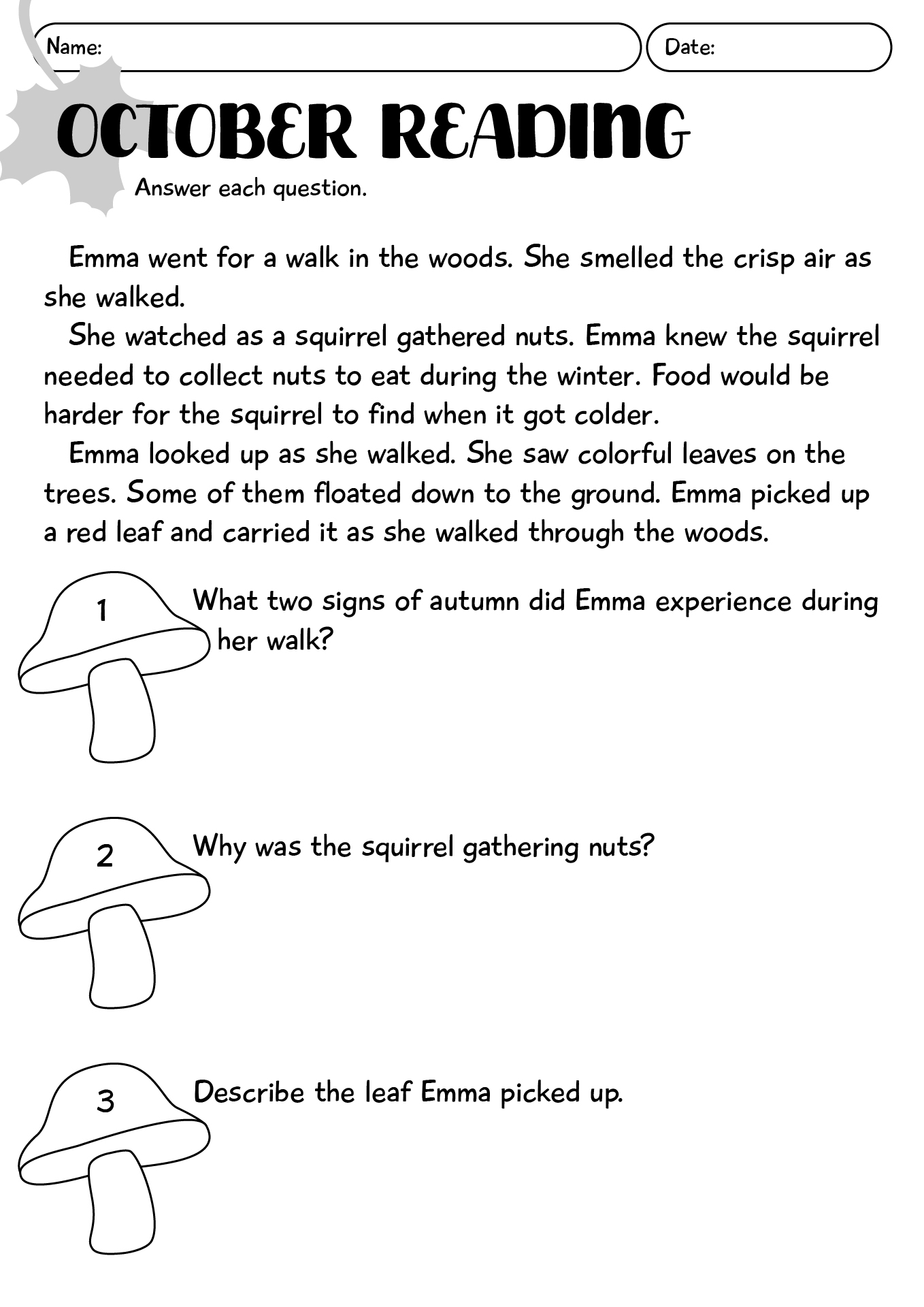 October Reading Worksheet For 2nd Grade
