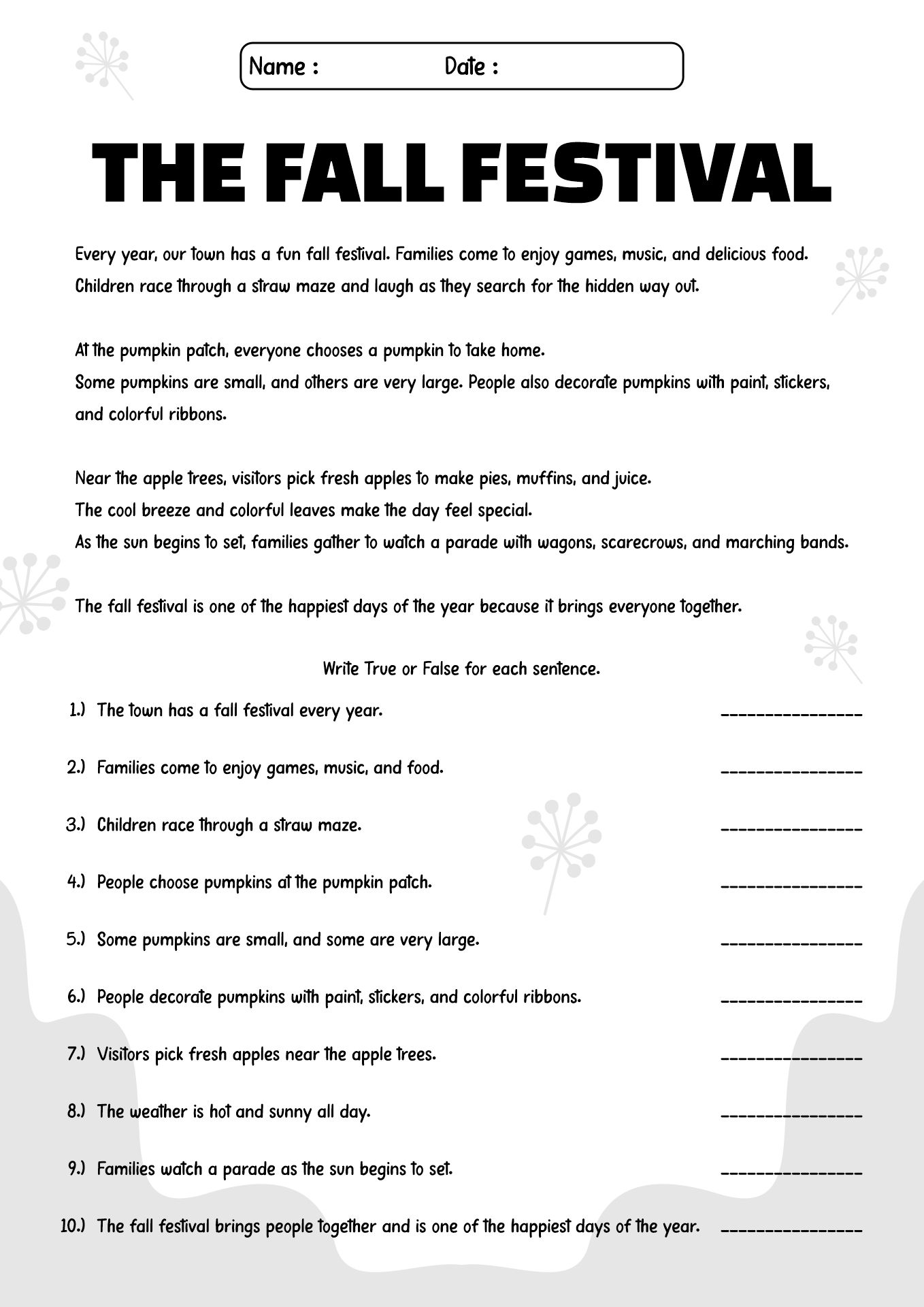 Printable Fall Reading Worksheets for Elementary