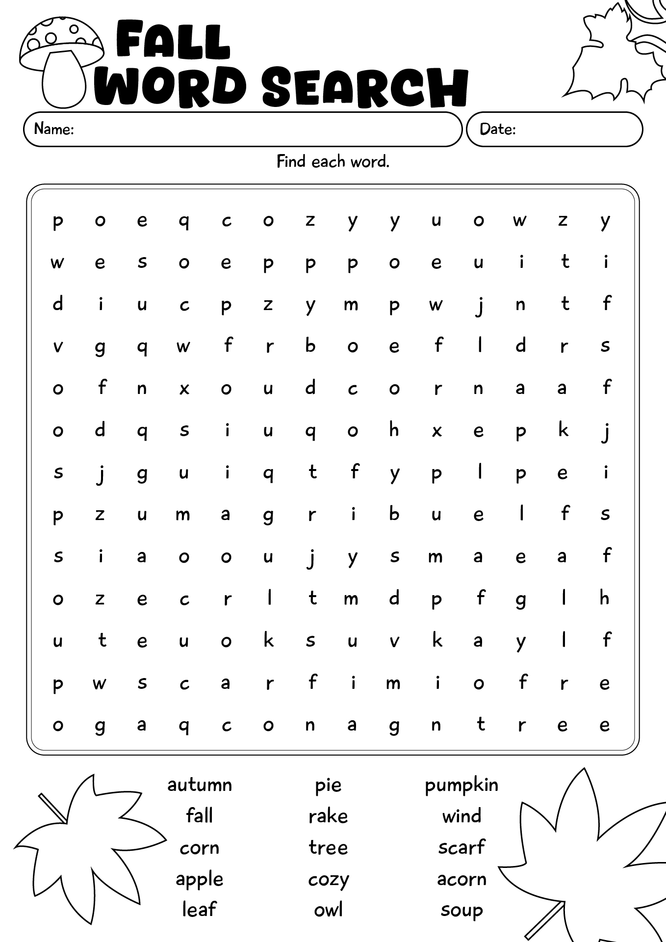 Printable Fall Word Search Puzzles For Kids