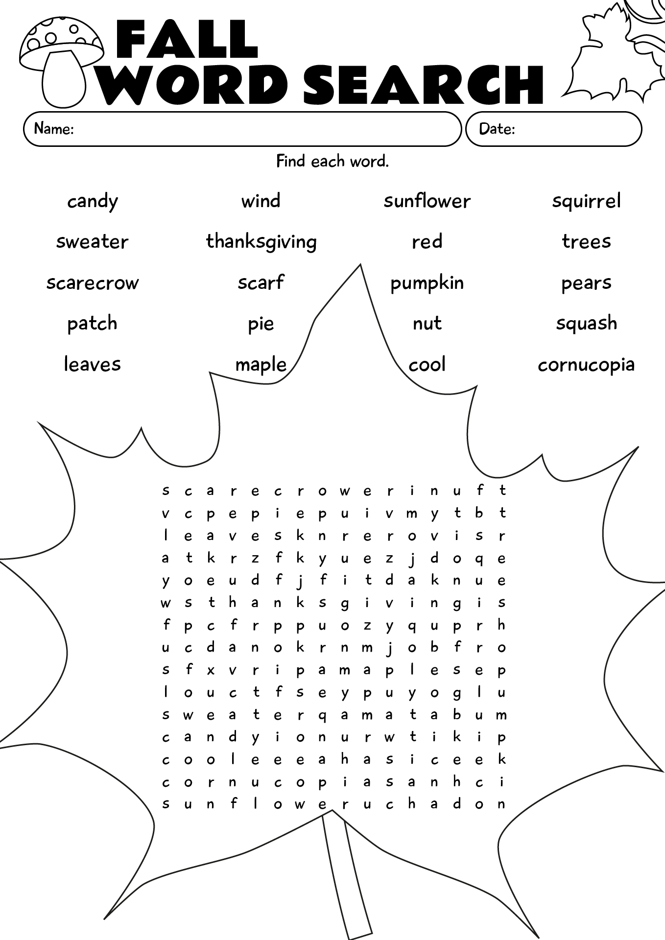 Printable Fall Word Searches For Kids Worksheet