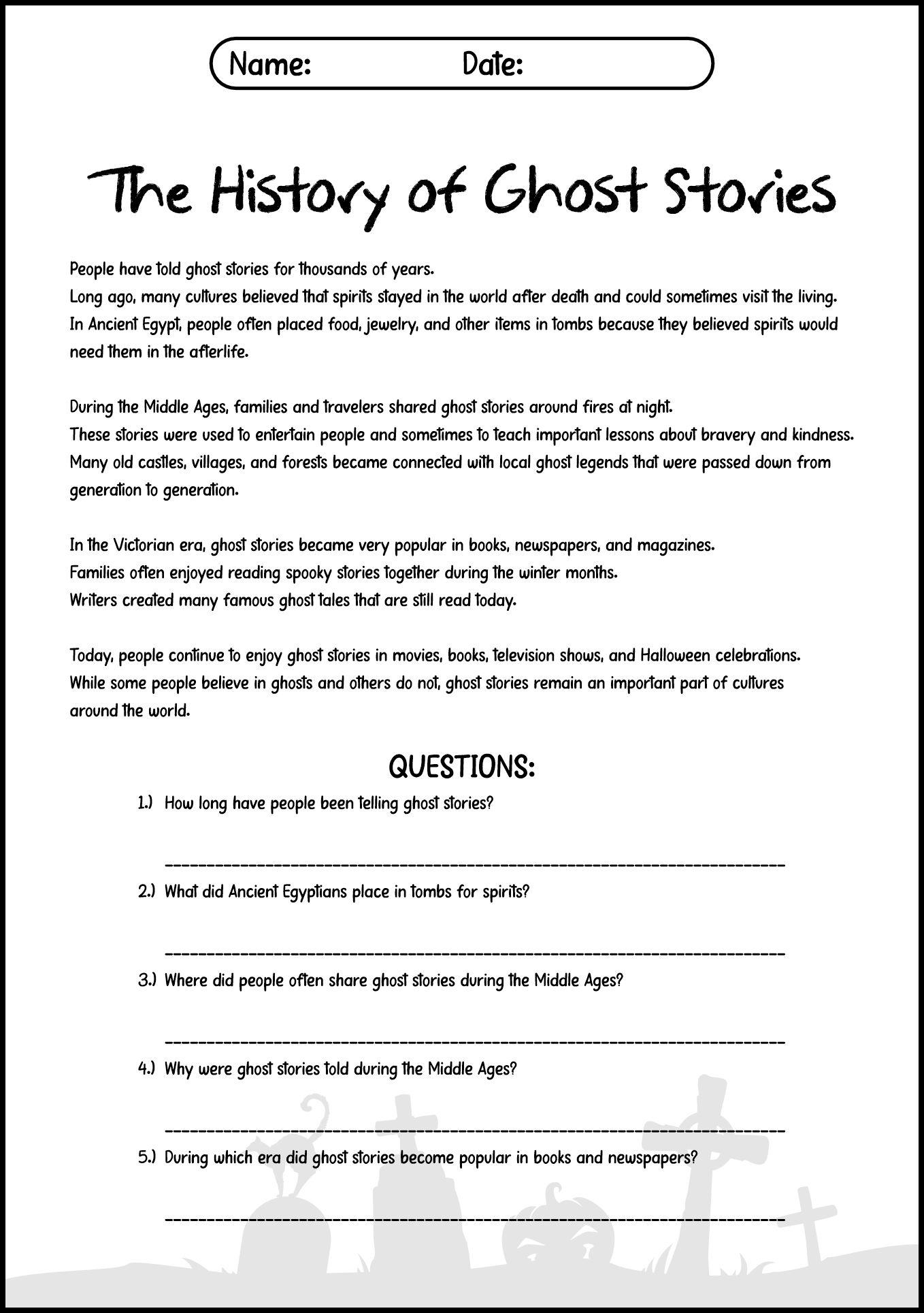 Printable Ghost History Worksheets