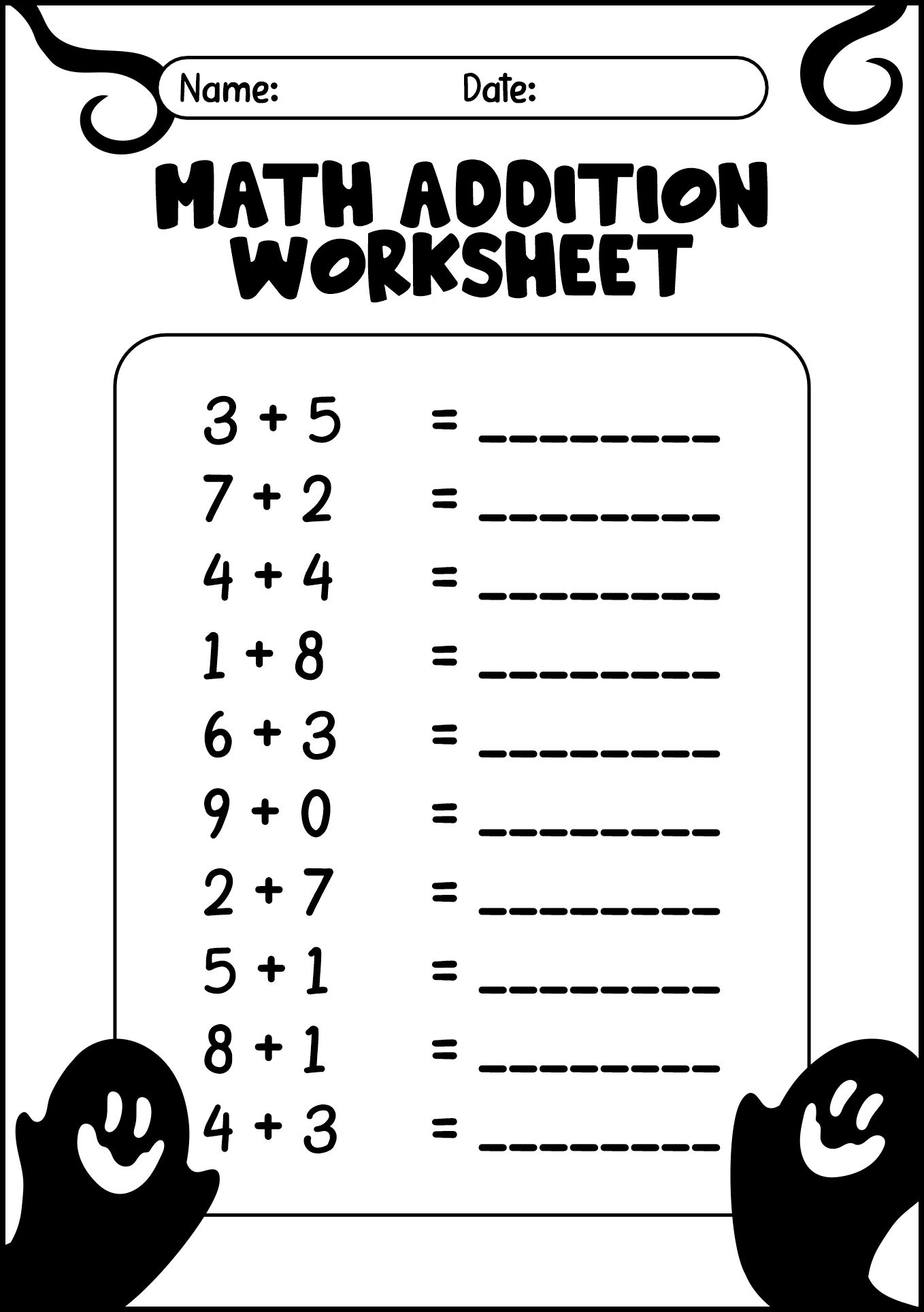 Printable Ghost Math Addition Worksheets