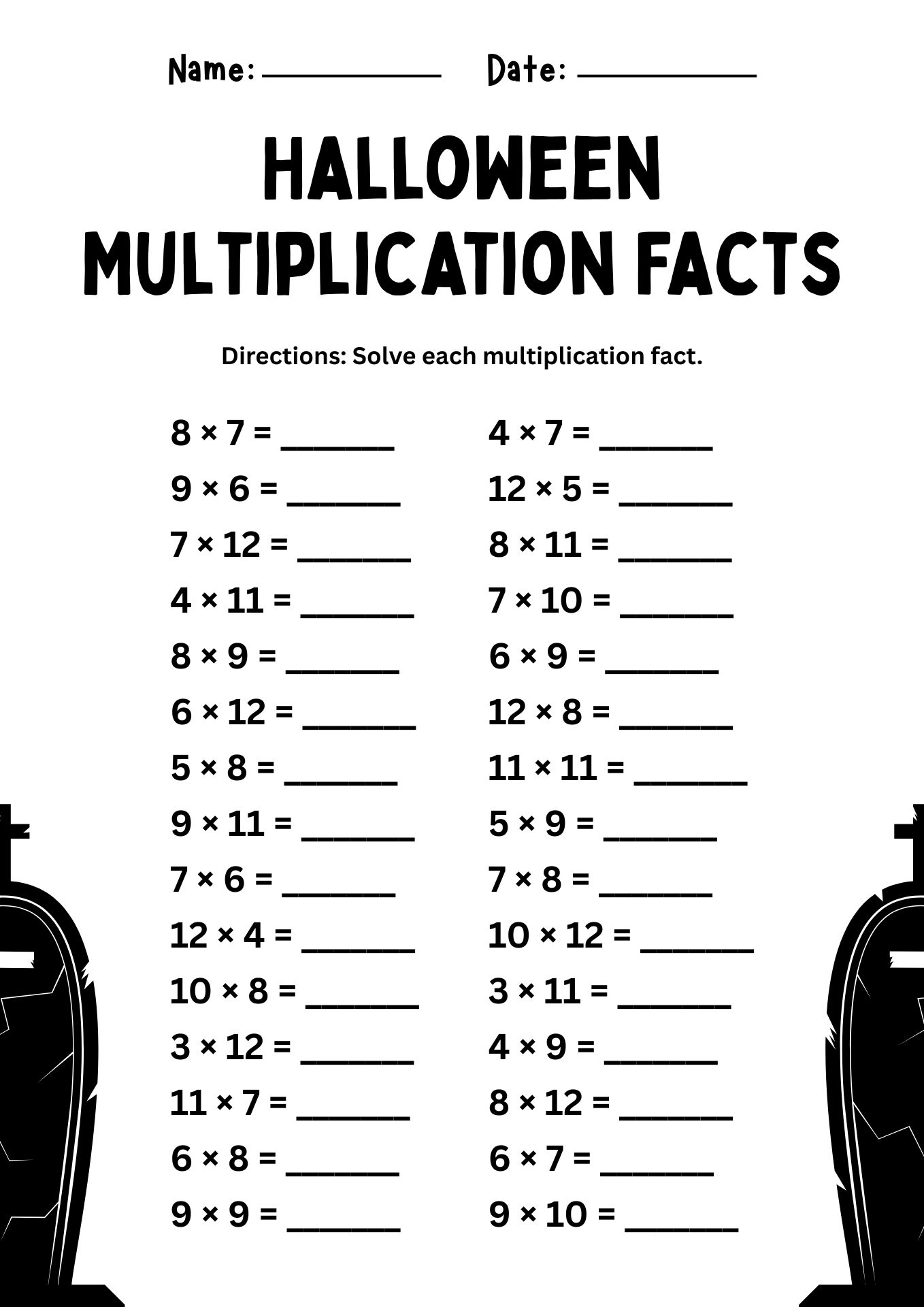 Printable Halloween Multiplication Fact Worksheets for 4th Grade
