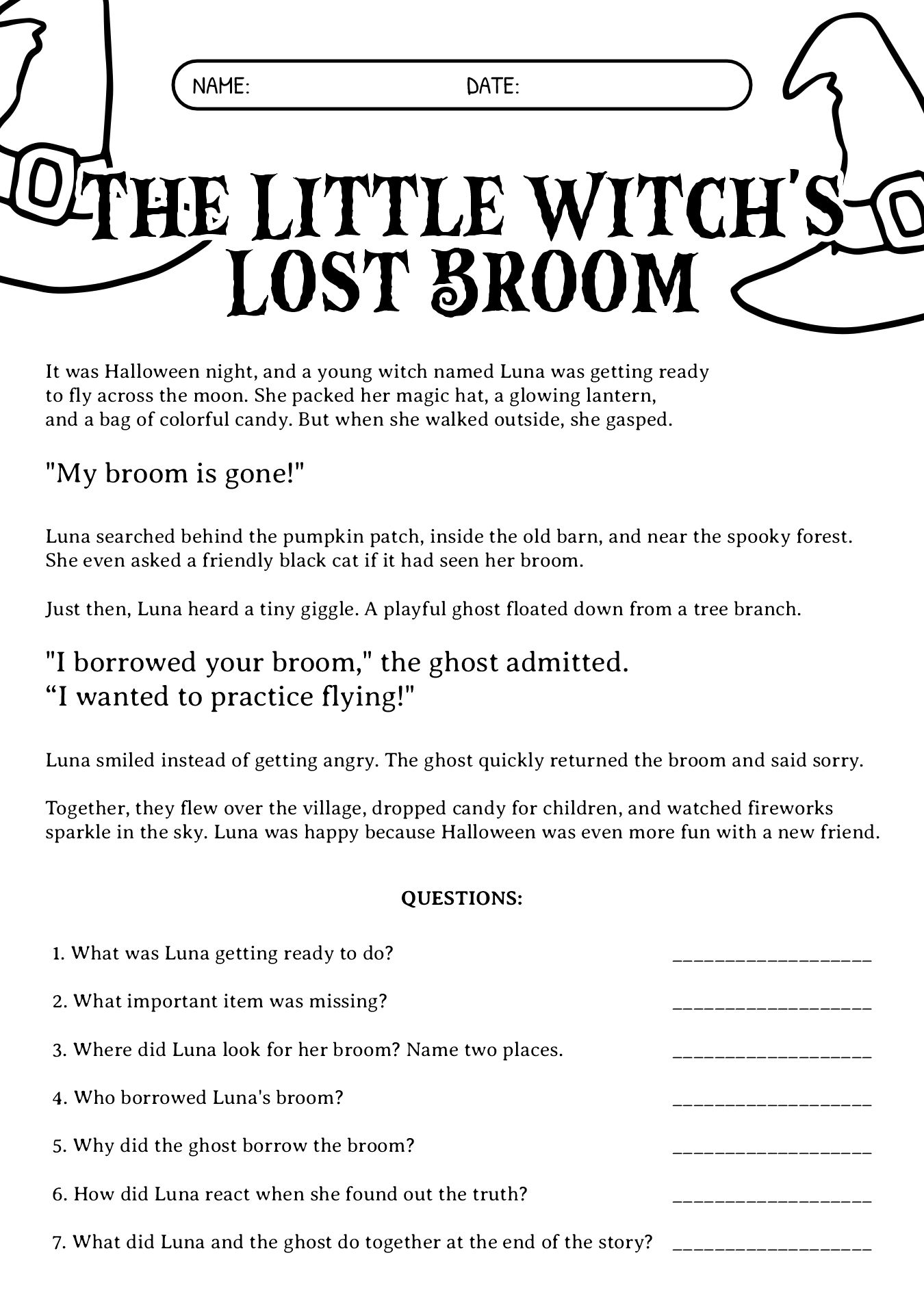 Printable Halloween Witch Story Worksheets
